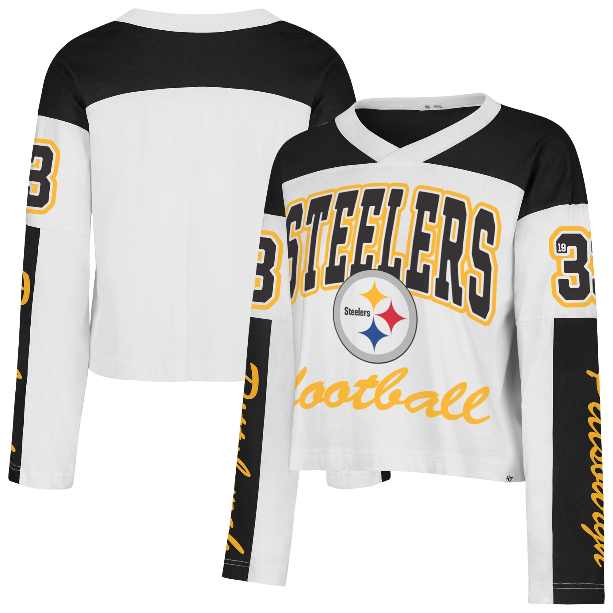 T-shirt à manches longues et col en V blanc Pittsburgh Steelers '47 pour femme