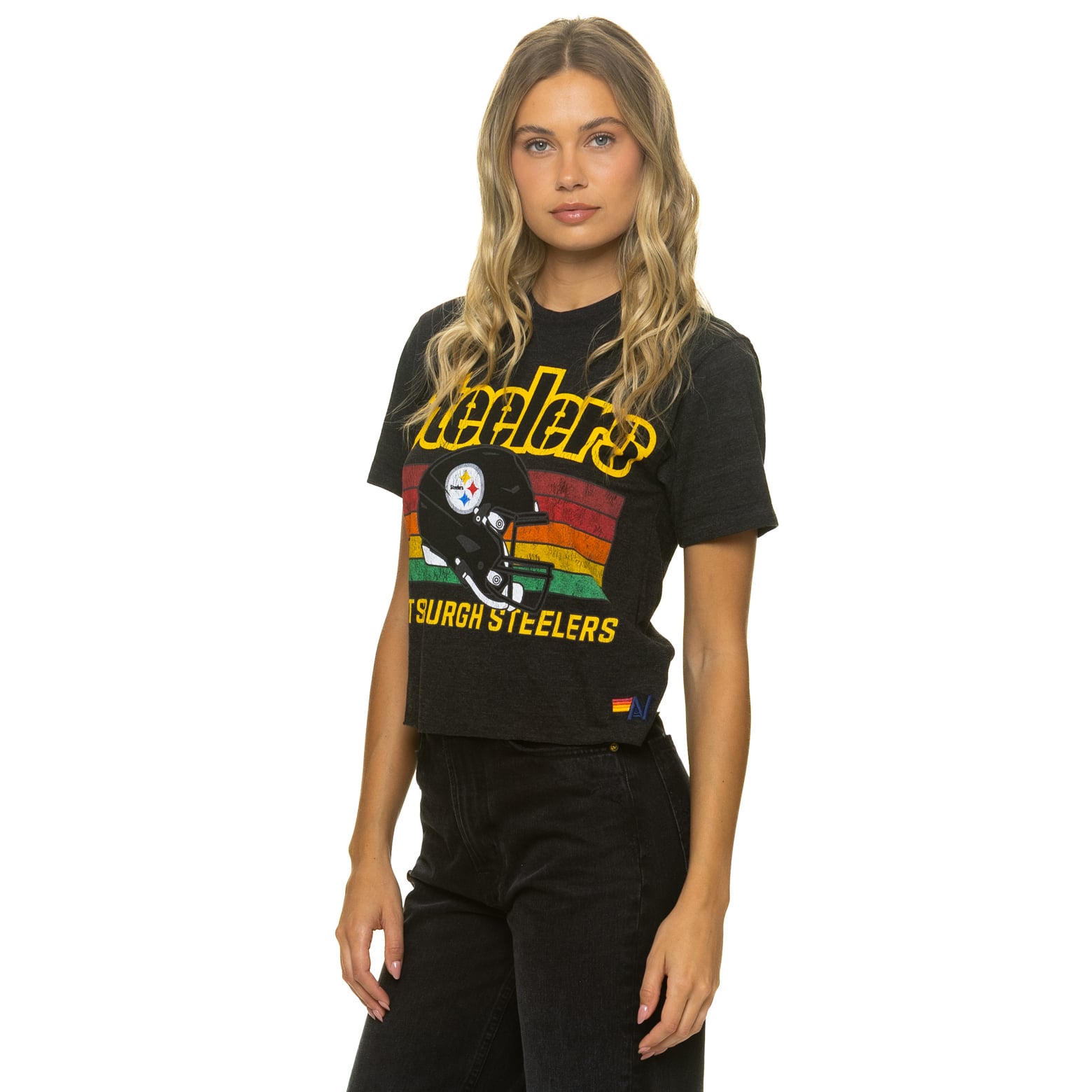 T-shirt Aviator Nation noir Pittsburgh Steelers pour femme, coupe carrée, style boyfriend, en mélange de trois matières