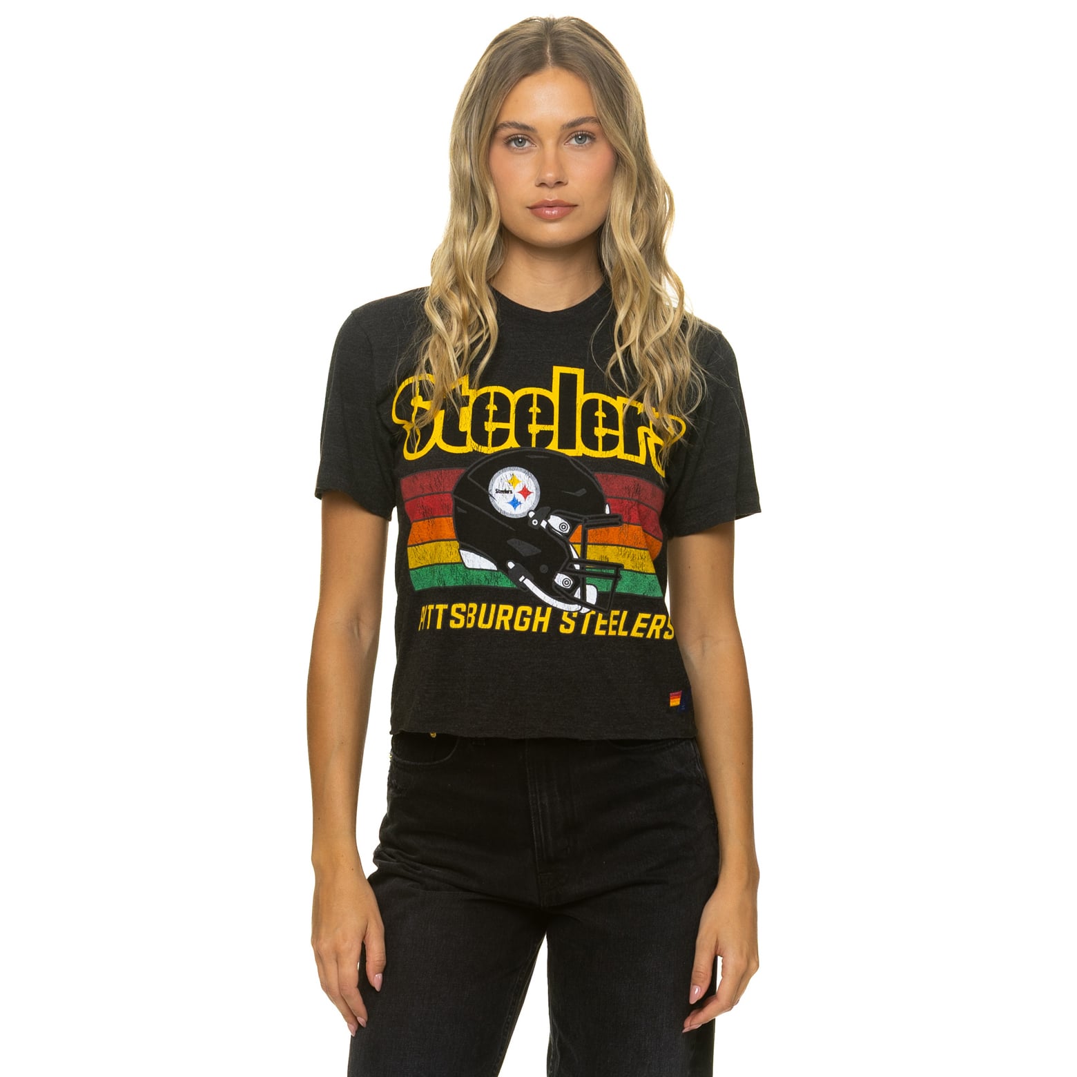 T-shirt Aviator Nation noir Pittsburgh Steelers pour femme, coupe carrée, style boyfriend, en mélange de trois matières