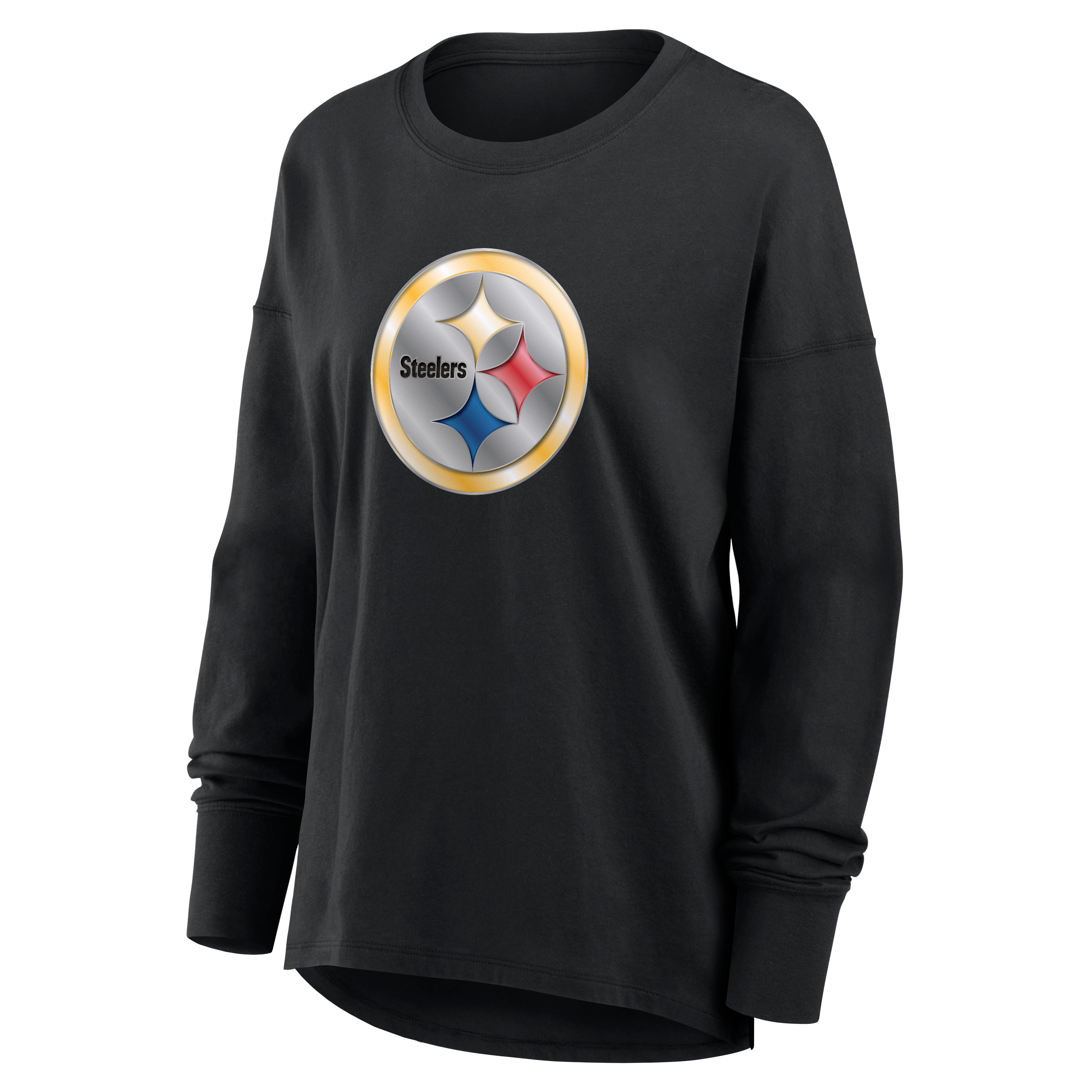 Women's Black Pittsburgh Steelers Metallic Mascot Long Sleeve T-Shirt