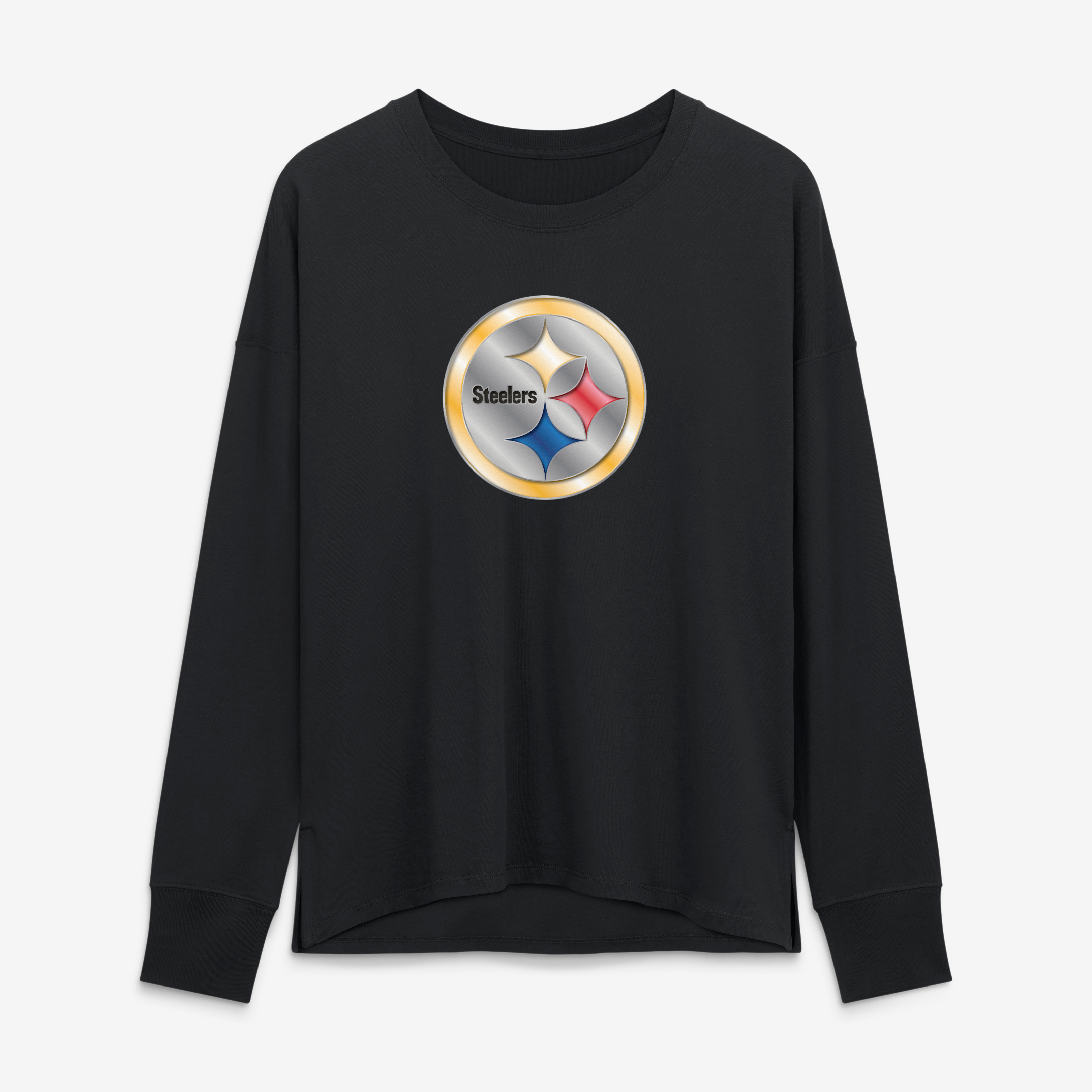 Women's Black Pittsburgh Steelers Metallic Mascot Long Sleeve T-Shirt