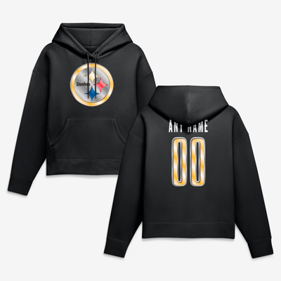 Pittsburgh Steelers Women's Metallic Mascot Personalized Name & Number Hoodie - Black