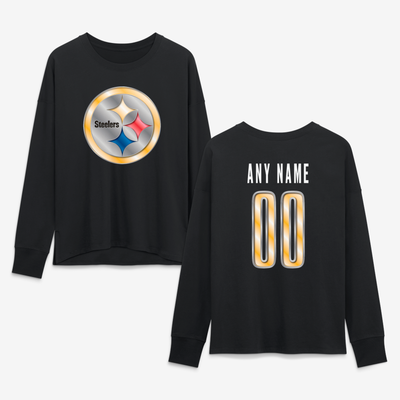 Pittsburgh Steelers Women's Metallic Mascot Personalized Name & Number Long Sleeve T-Shirt - Black