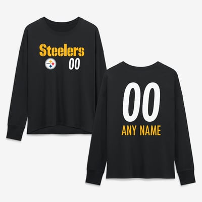 Pittsburgh Steelers Women's Touchdown Wordmark Personalized Name & Number Long Sleeve T-Shirt - Black