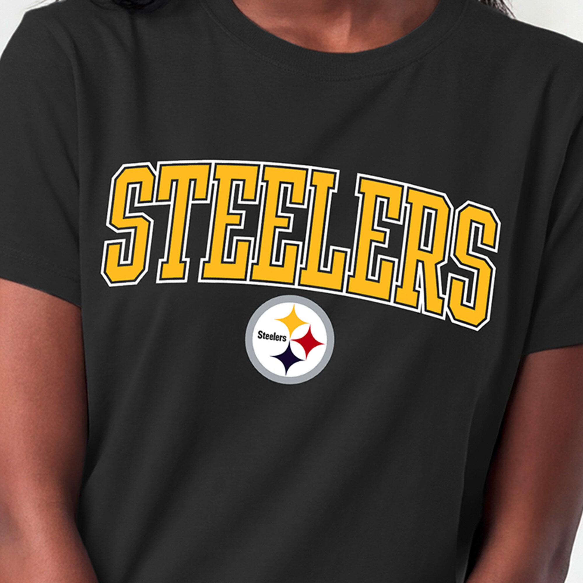 T-shirt noir Champion Pittsburgh Steelers pour femmes avec logo arqué