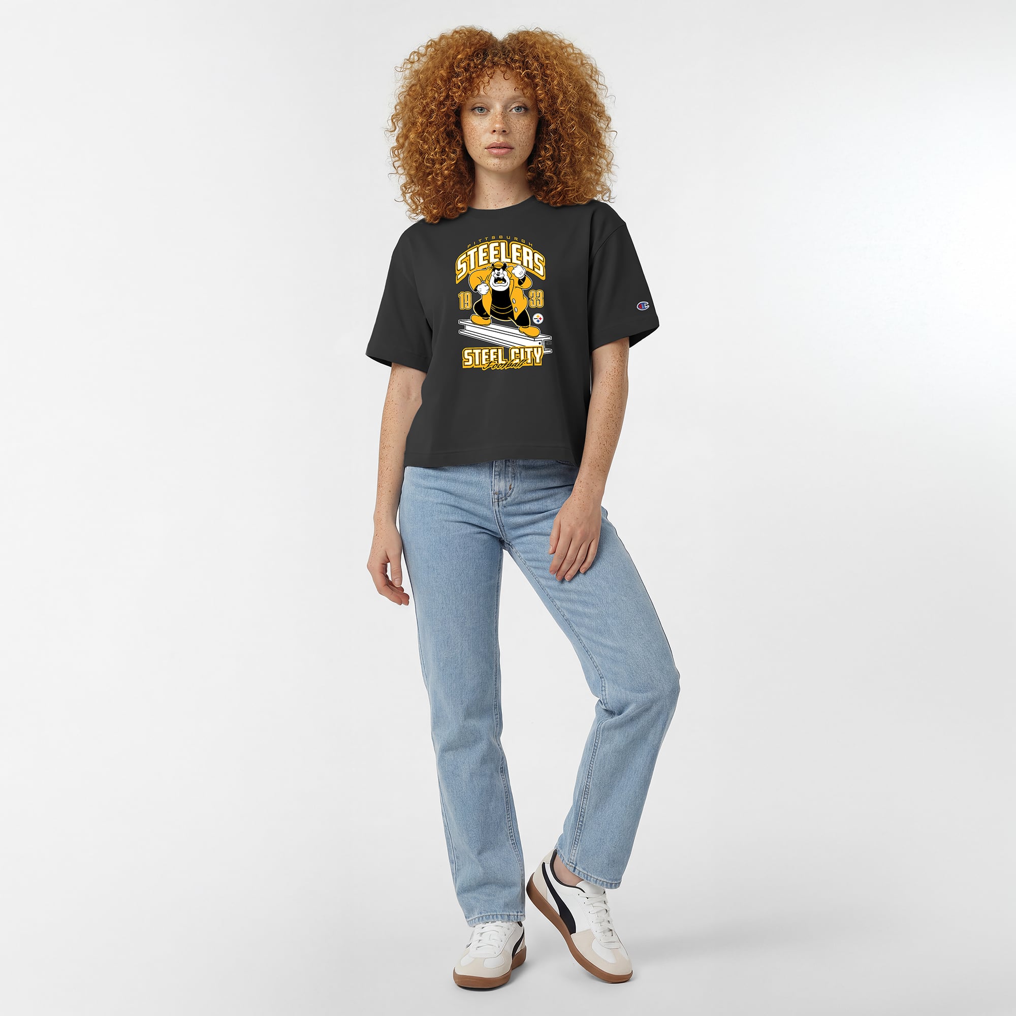 T-shirt Disney x Champion noir Pittsburgh Steelers Pete All-Star pour femmes