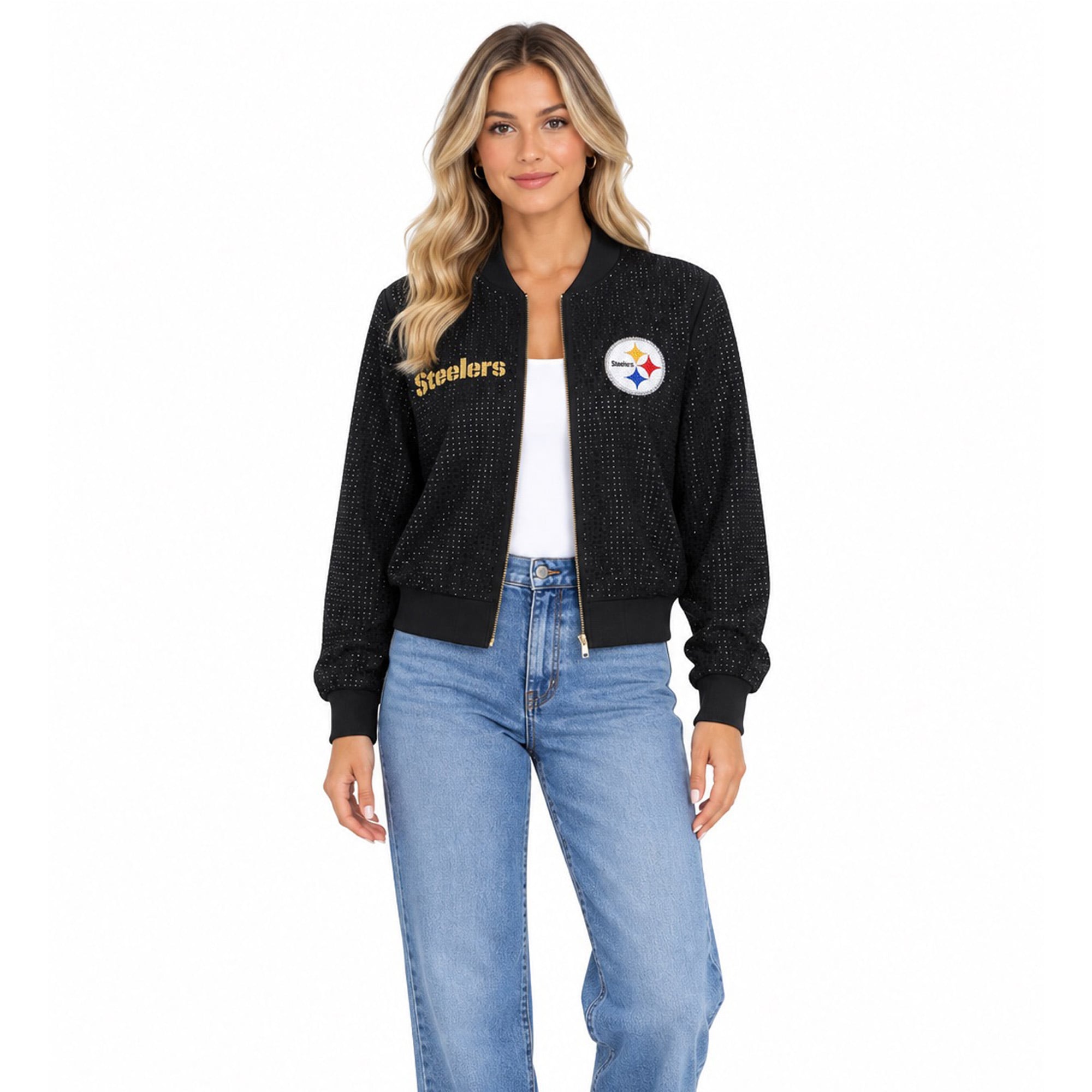 Veste bomber zippée intégrale en cristal Pittsburgh Steelers noire FABGATING by Cuce pour femme