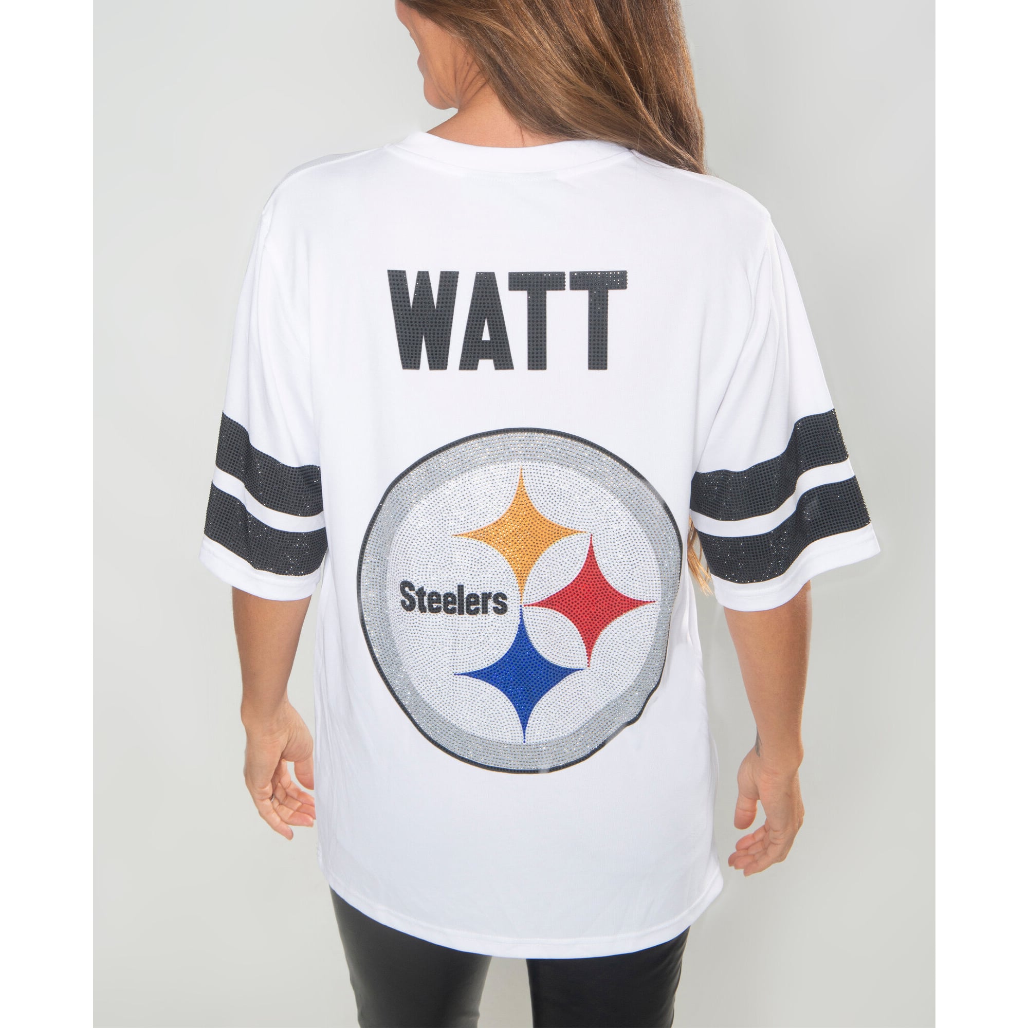 Tunique à col en V ornée de cristaux T.J. Watt des Steelers Pittsburgh, par FABGATING by Cuce, pour femme
