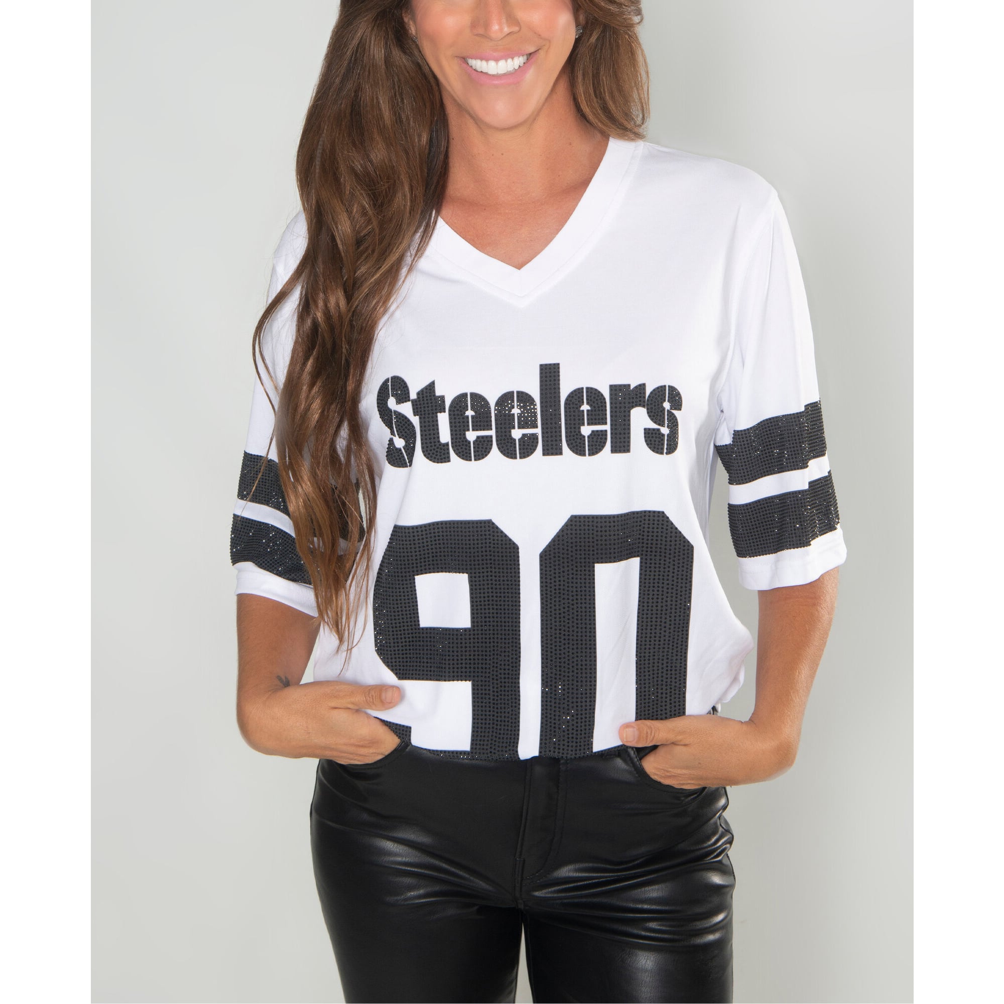 Tunique à col en V ornée de cristaux T.J. Watt des Steelers Pittsburgh, par FABGATING by Cuce, pour femme