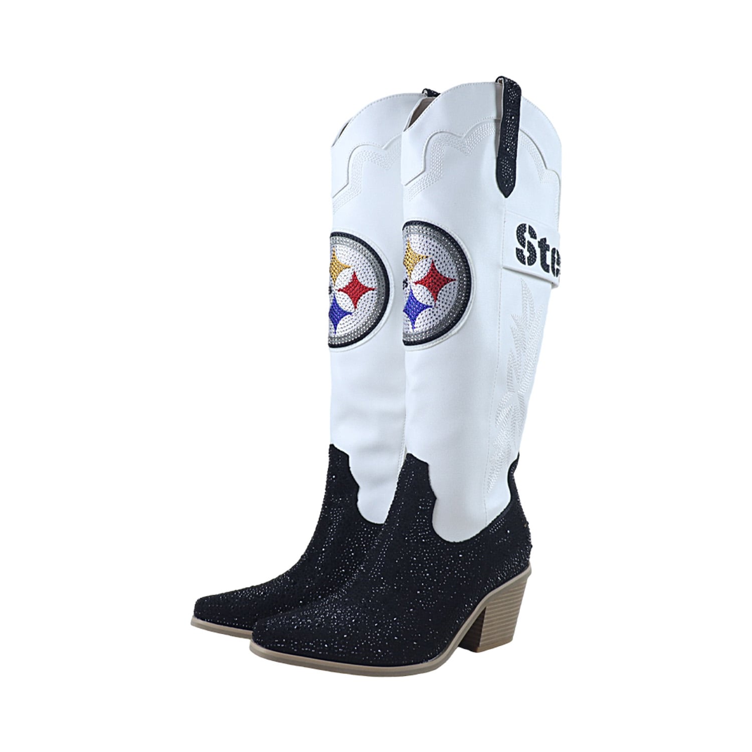 Bottes de cowboy blanches à cristaux FABGATING by Cuce pour femmes, aux couleurs des Steelers Pittsburgh.