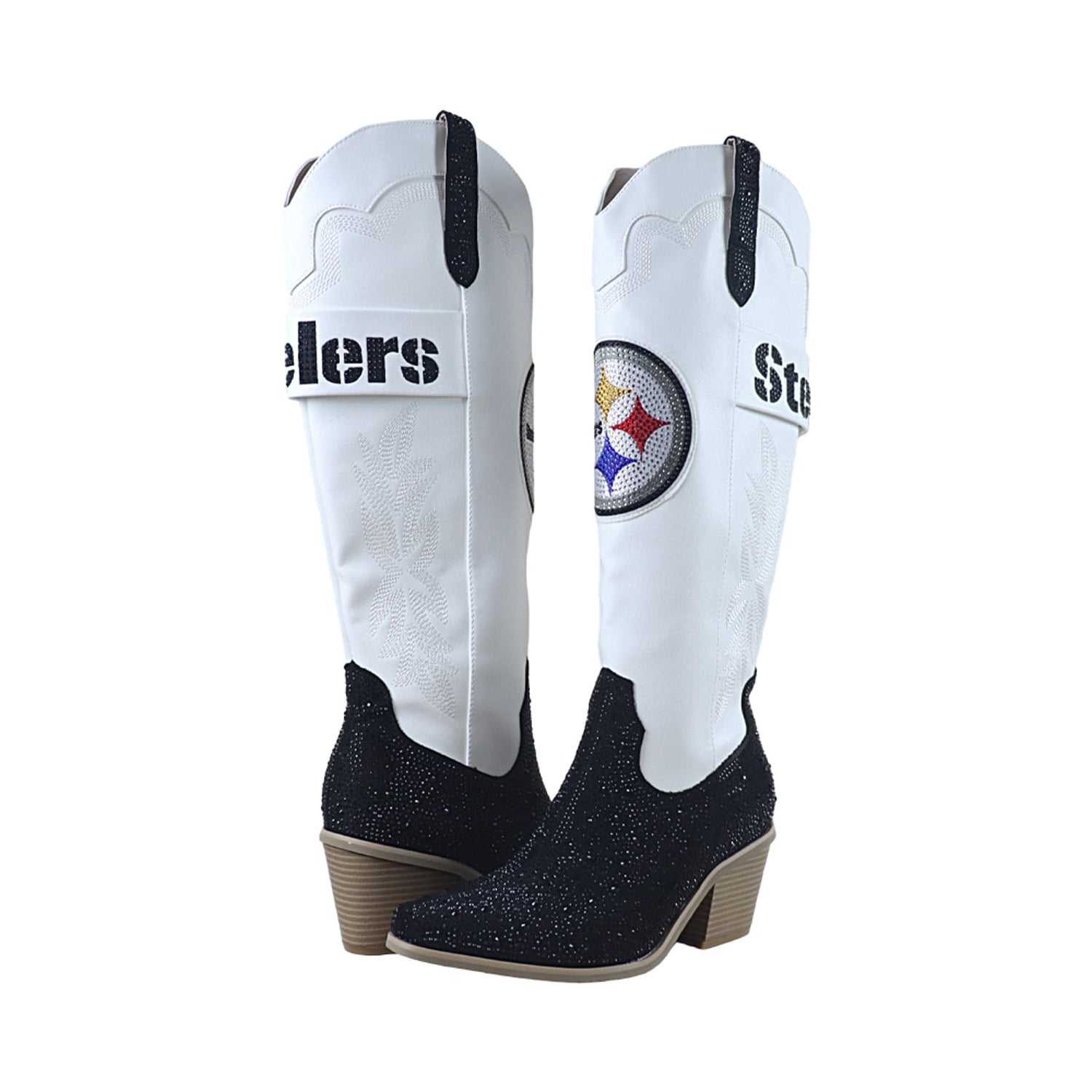 Bottes de cowboy blanches à cristaux FABGATING by Cuce pour femmes, aux couleurs des Steelers Pittsburgh.