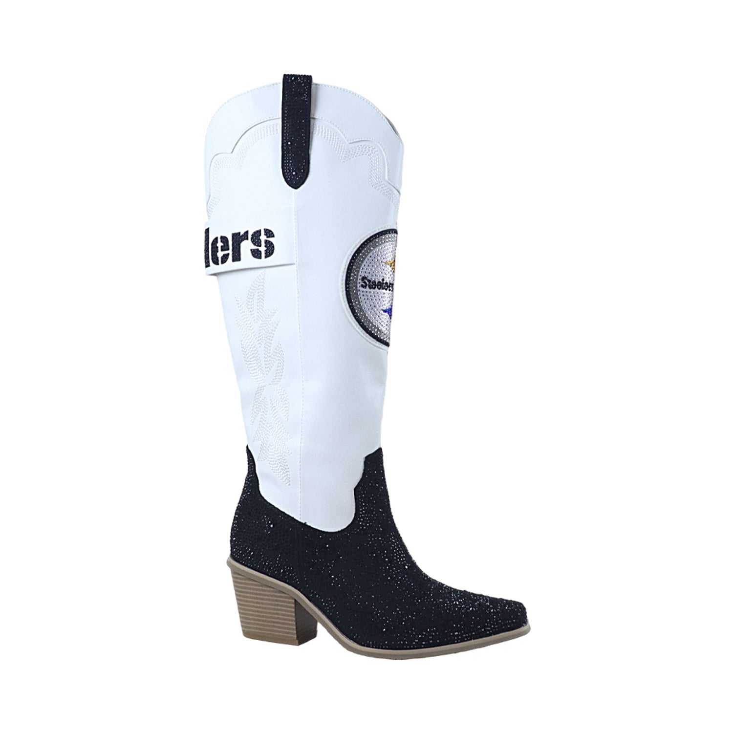 Bottes de cowboy blanches à cristaux FABGATING by Cuce pour femmes, aux couleurs des Steelers Pittsburgh.