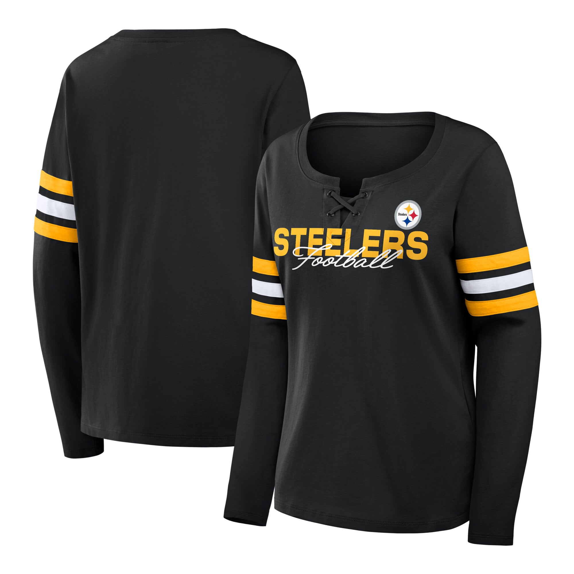 T-shirt à manches longues lacets Fanatics Black Pittsburgh Steelers pour femmes