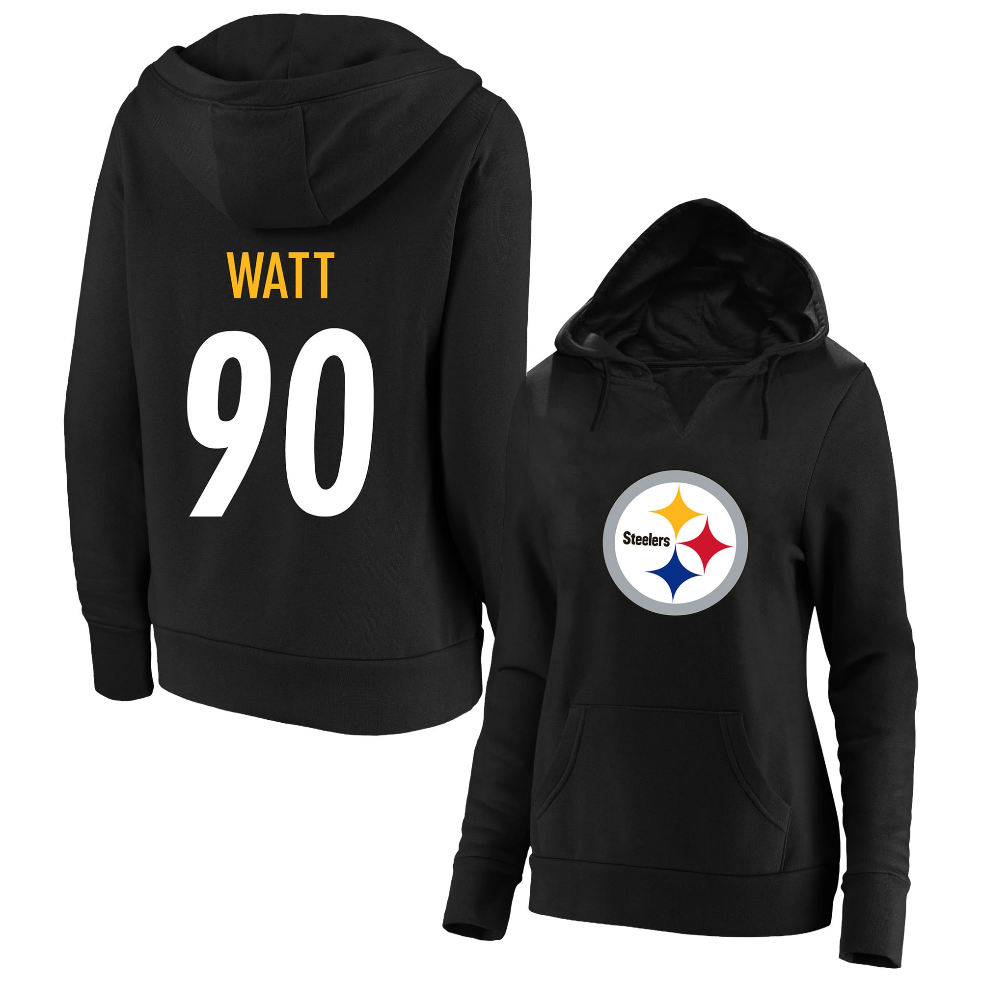 Women's Fanatics T.J. Watt Black Pittsburgh Steelers Plus Player Name & Number Notch Neck Hoodie