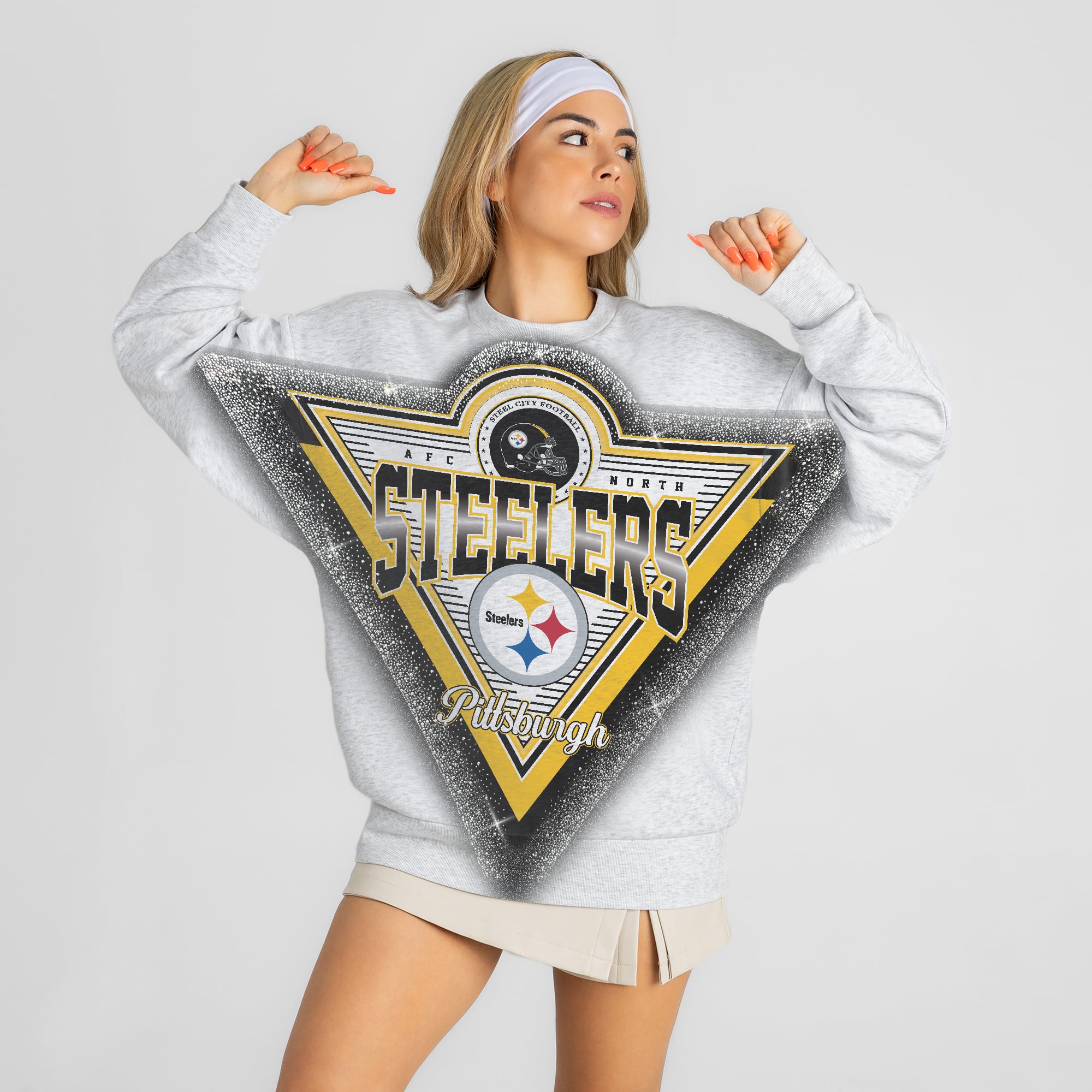 Sweat-shirt oversize en polaire pour femme, gris chiné, Pittsburgh Steelers, orné de strass, collection Gameday Couture.
