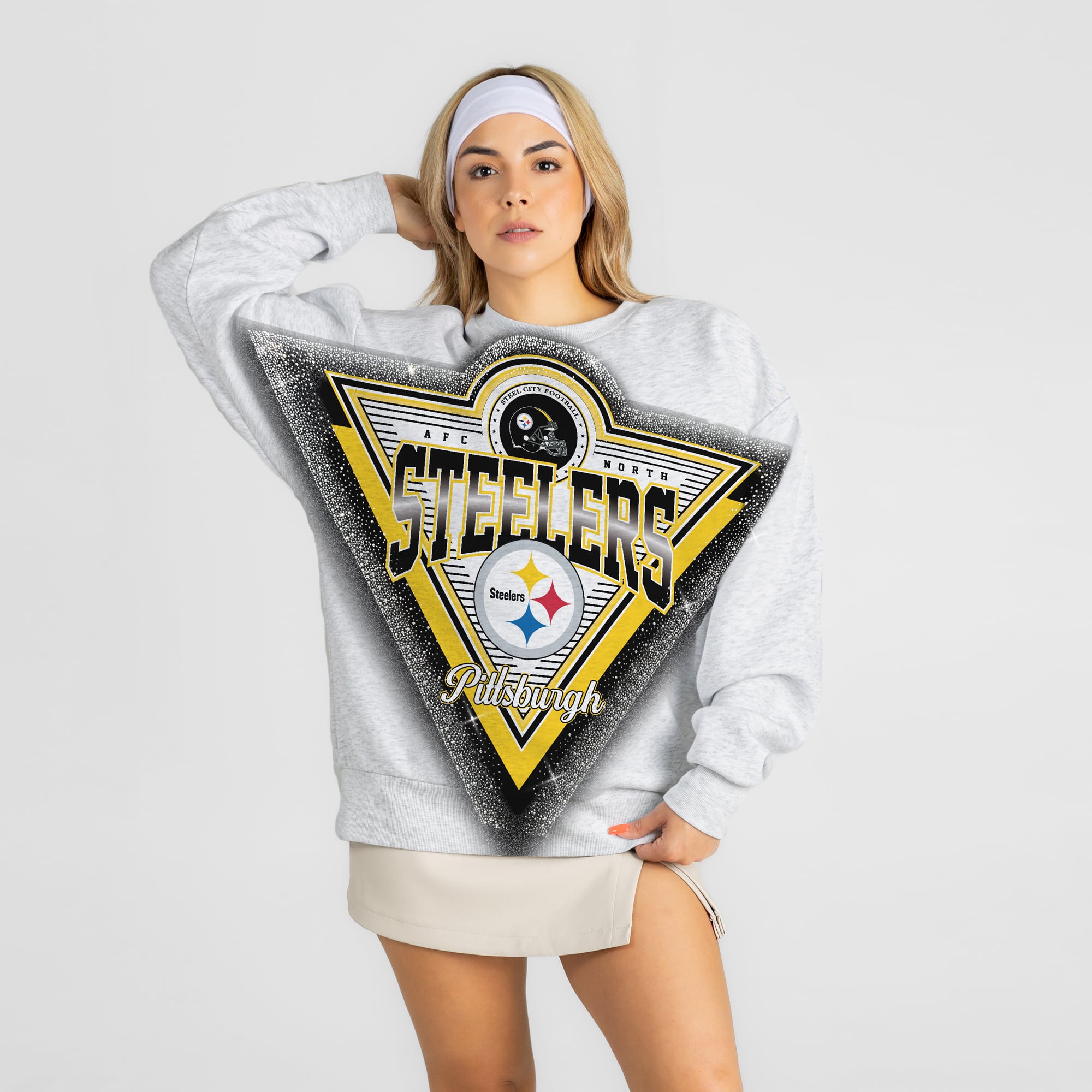 Sweat-shirt oversize en polaire pour femme, gris chiné, Pittsburgh Steelers, orné de strass, collection Gameday Couture.