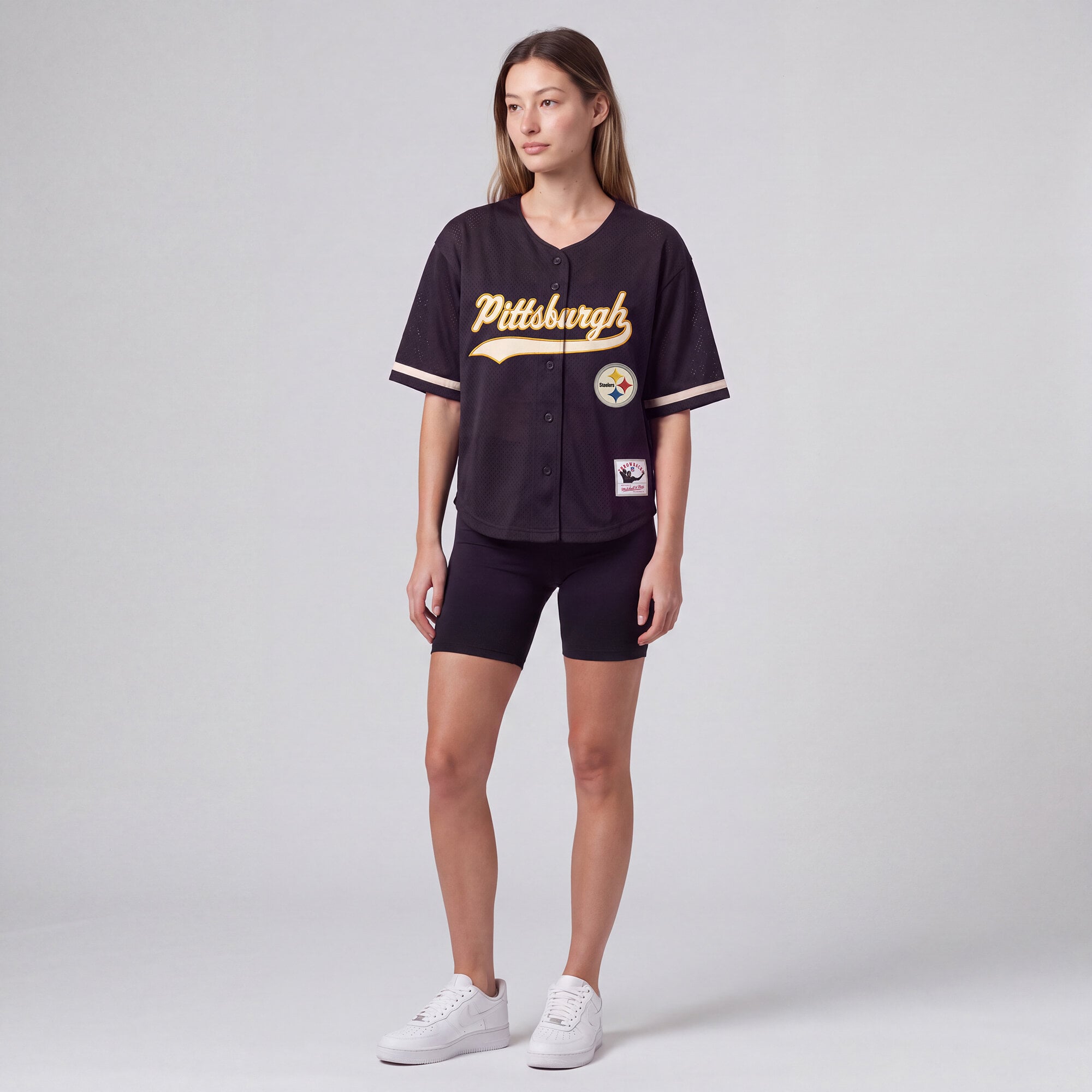 Women's Mitchell & Ness Black Pittsburgh Steelers Retro Roots Baseball Jersey