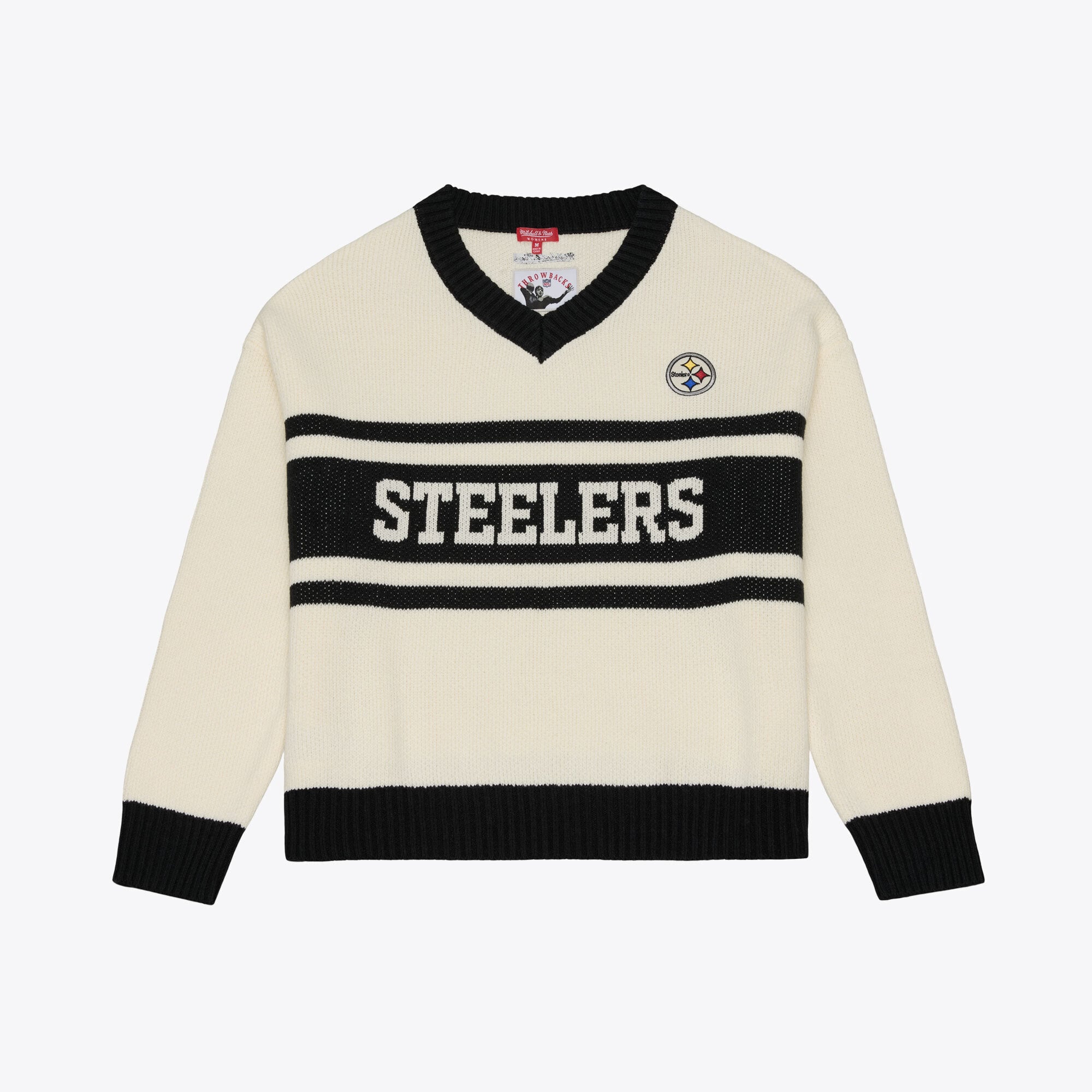 Pull Mitchell & Ness crème/noir Pittsburgh Steelers Retro Roots à col en V pour femme