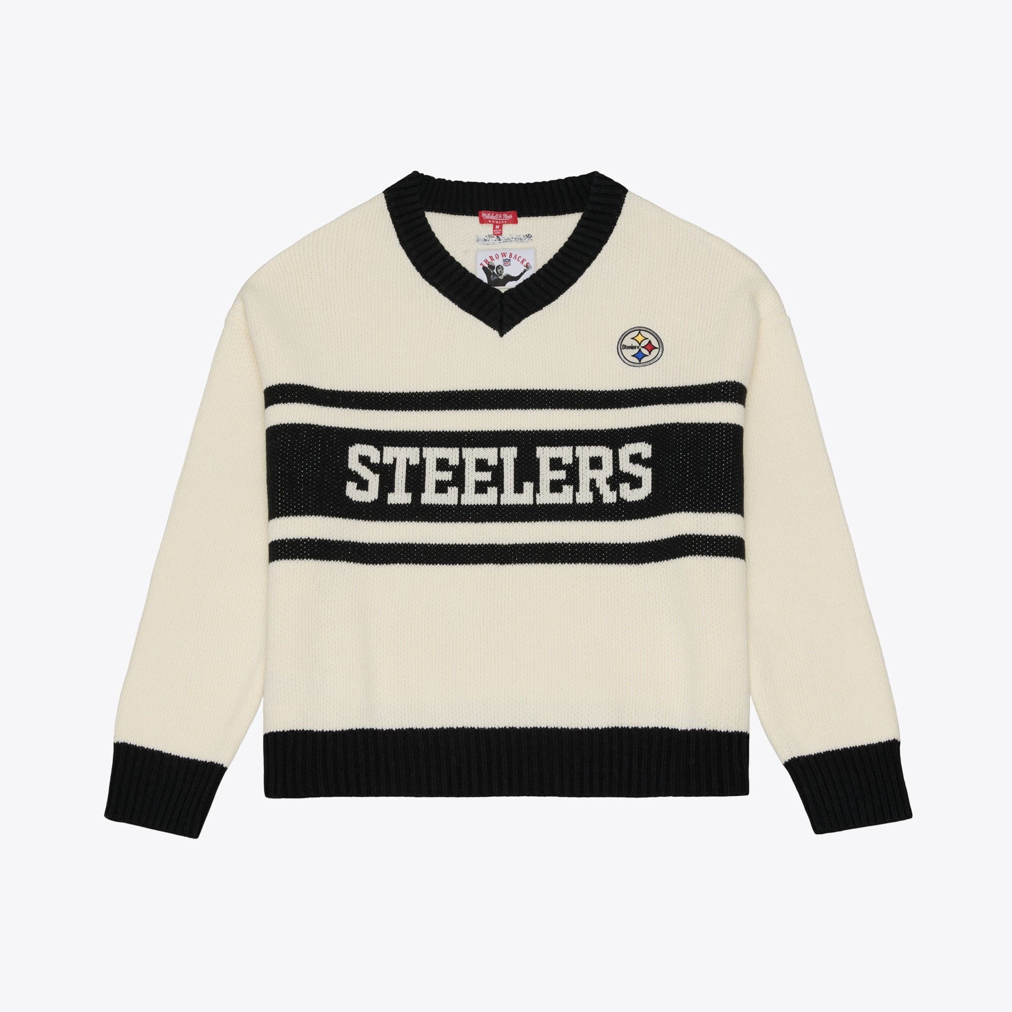 Women's Mitchell & Ness Cream/Black Pittsburgh Steelers Retro Roots V-Neck Sweater