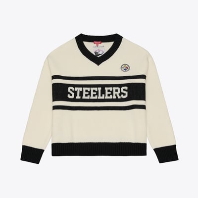 Pittsburgh Steelers Mitchell & Ness Women's Retro Roots V-Neck Sweater - Cream/Black