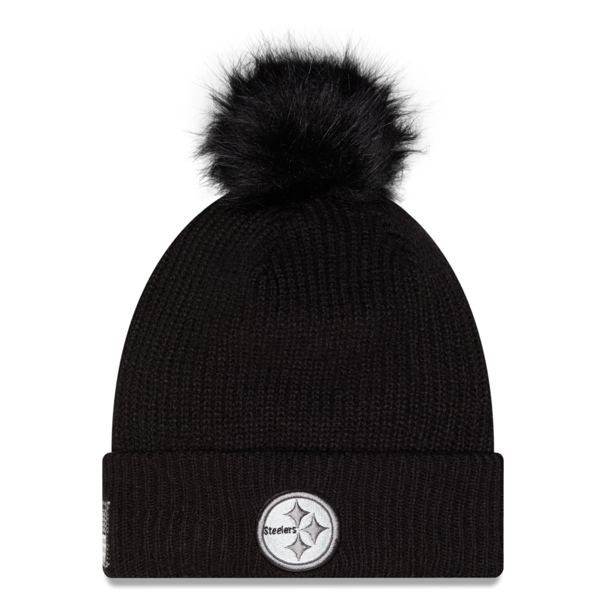 Bonnet à revers noir Pittsburgh Steelers 2026 Salute To Service pour femme, de la marque New Era, avec pompon.