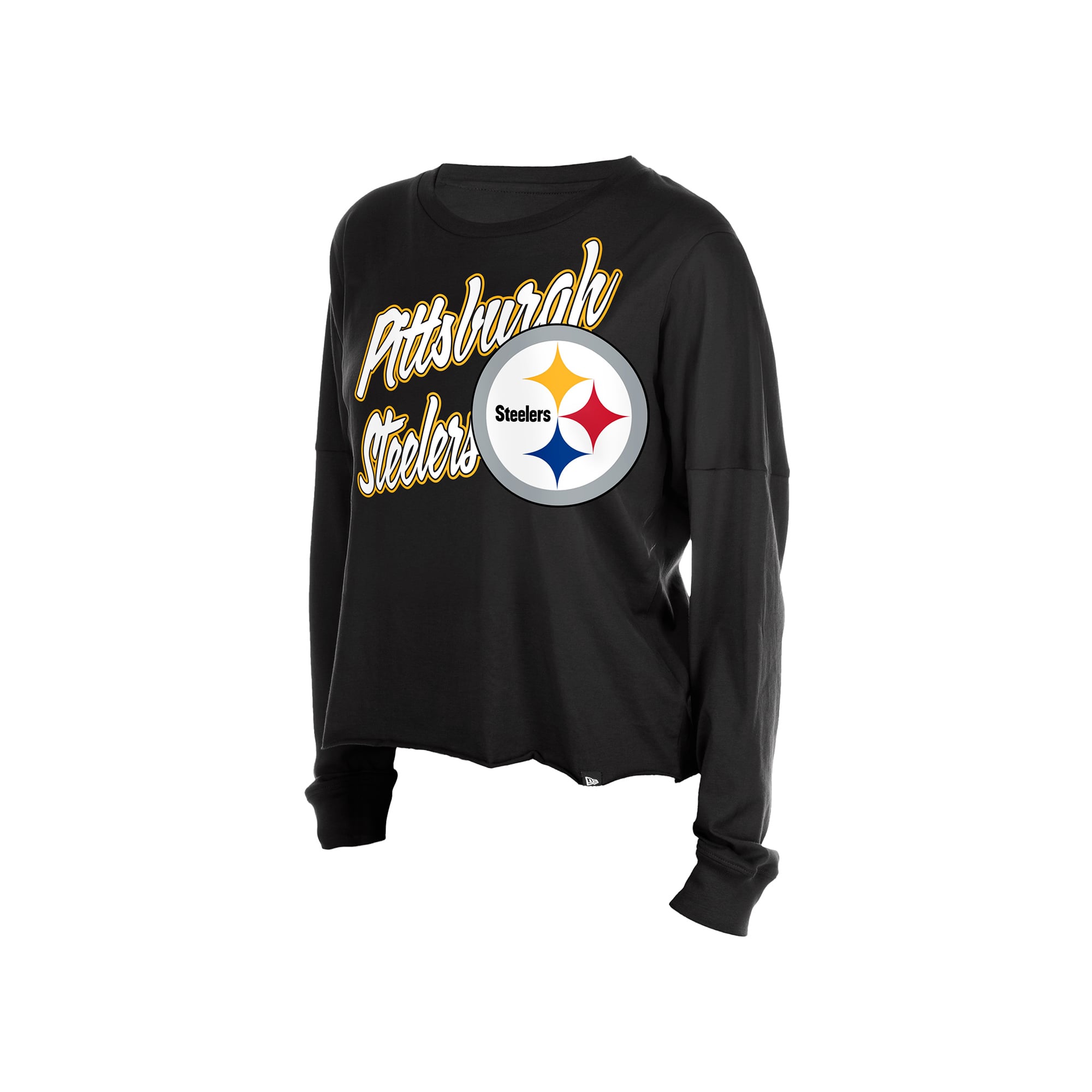 T-shirt court oversize à manches longues New Era pour femmes, Pittsburgh Steelers, noir.