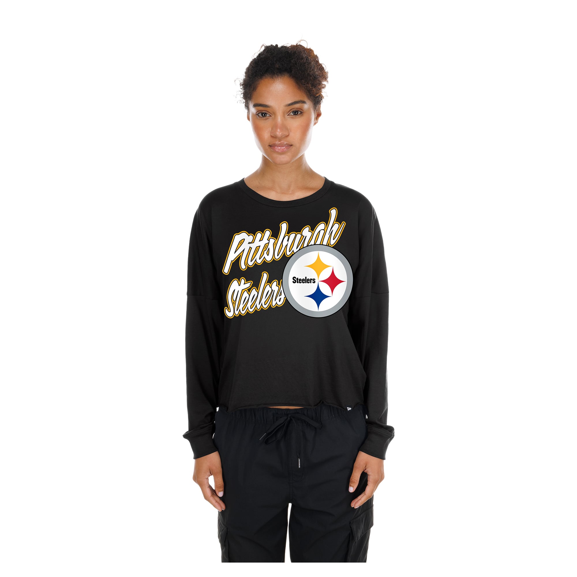 T-shirt court oversize à manches longues New Era pour femmes, Pittsburgh Steelers, noir.