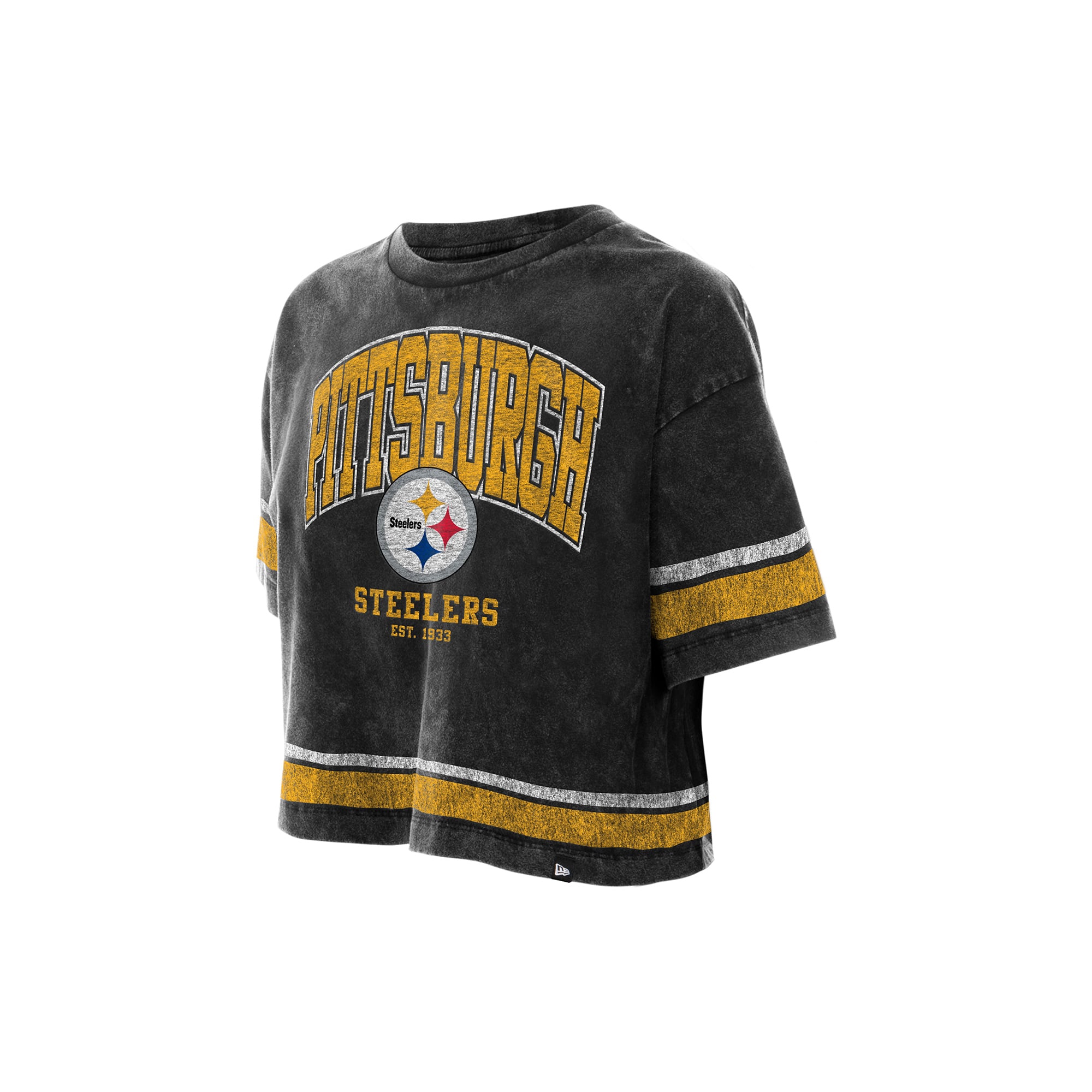 T-shirt court New Era noir Pittsburgh Steelers Lifestyle pour femme, délavé à l'huile minérale, coupe carrée.