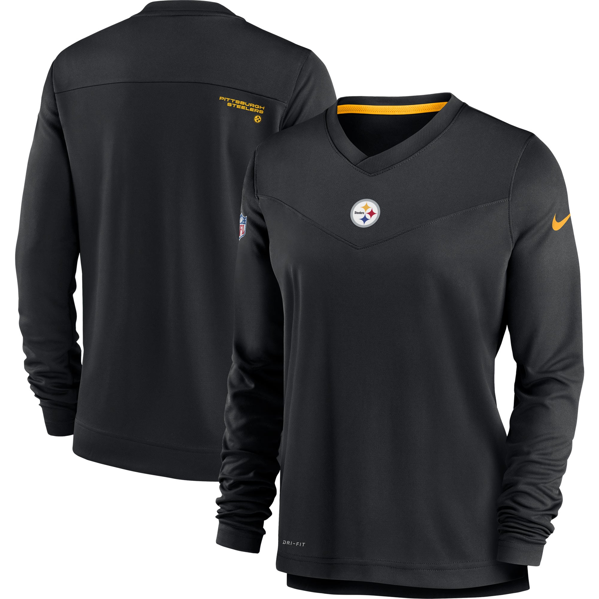 T-shirt Nike Pittsburgh Steelers Top Coach Performance à manches longues et col en V pour femme, noir
