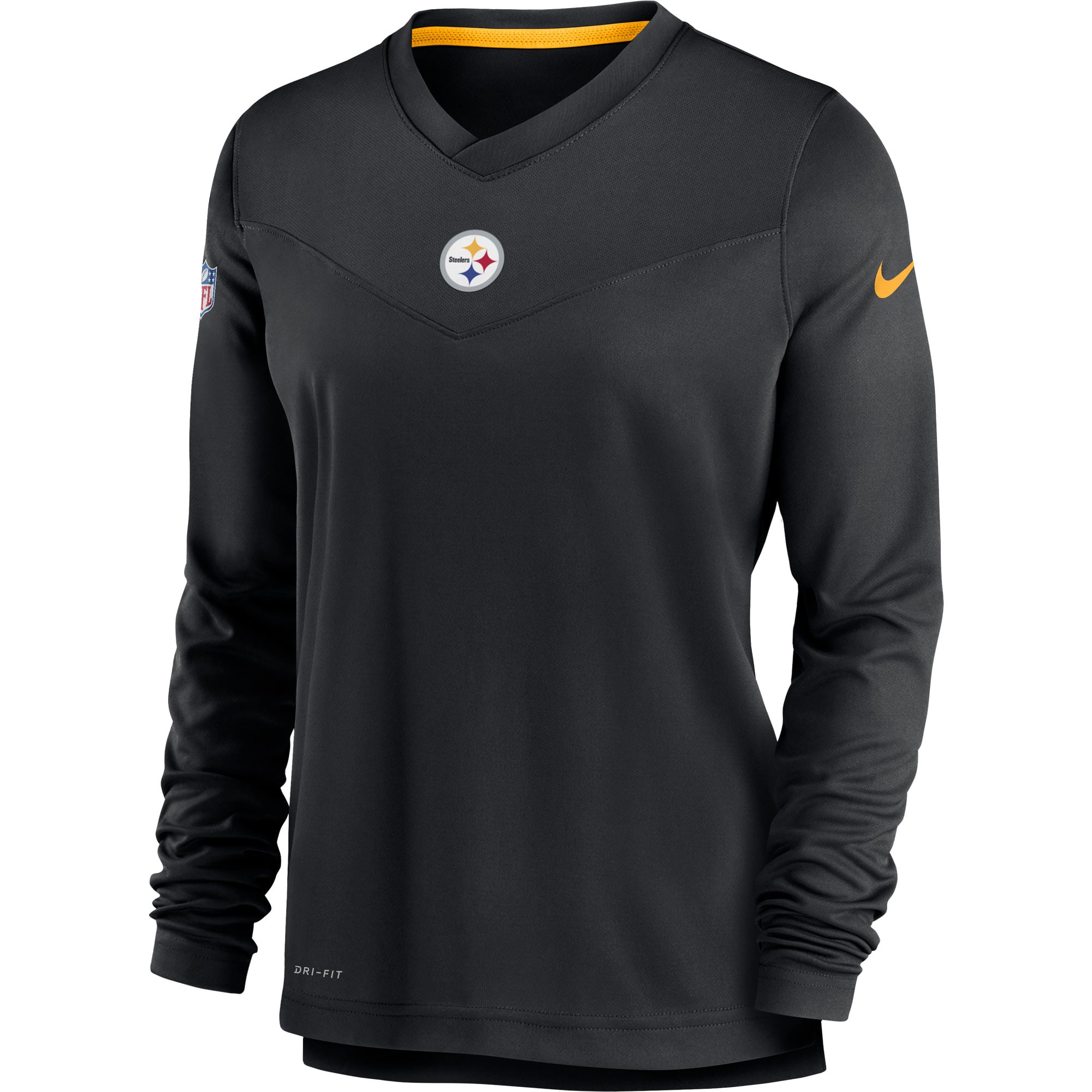 T-shirt Nike Pittsburgh Steelers Top Coach Performance à manches longues et col en V pour femme, noir
