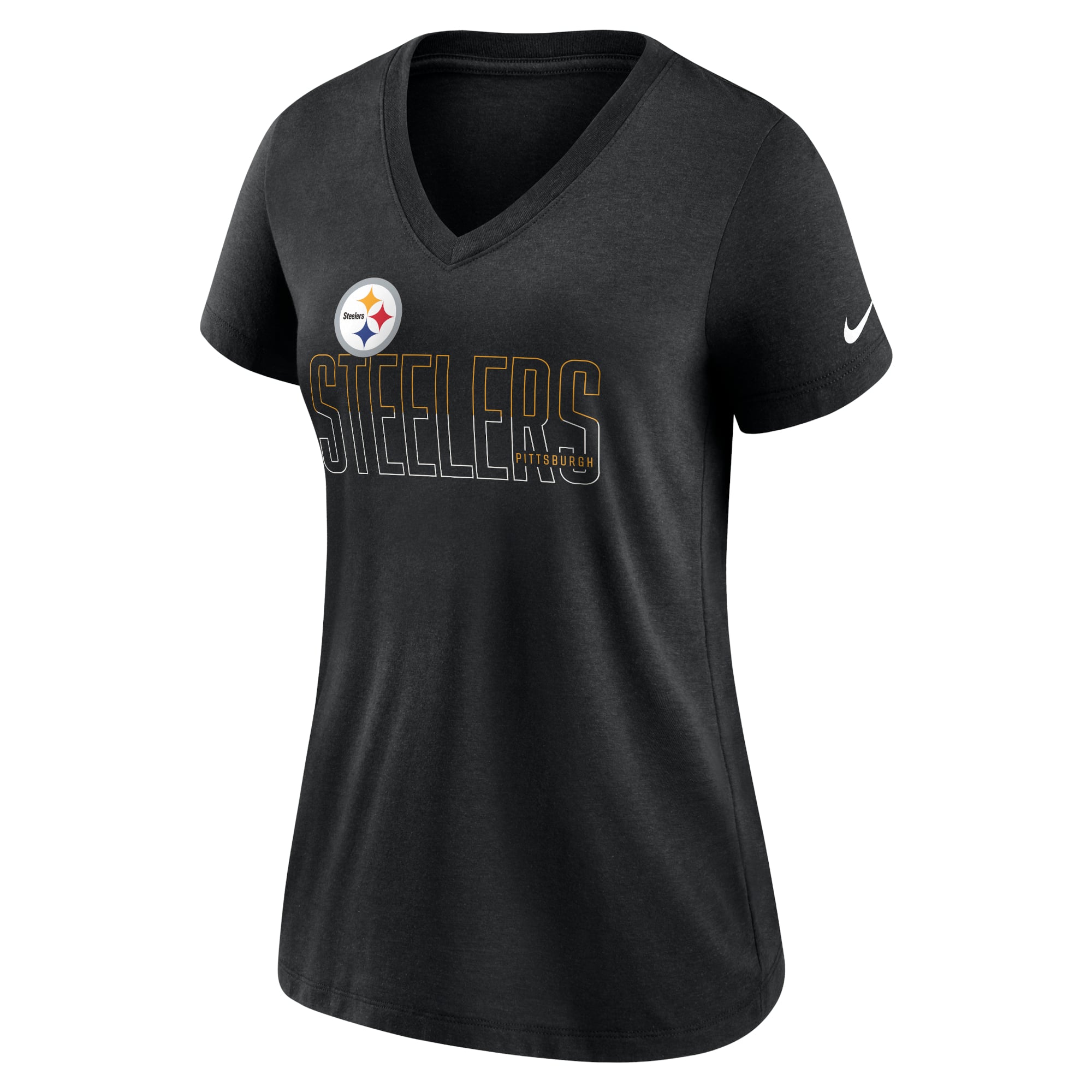 T-shirt Nike pour femme, noir chiné, Pittsburgh Steelers Lock Up, col en V, mélange de trois matières.