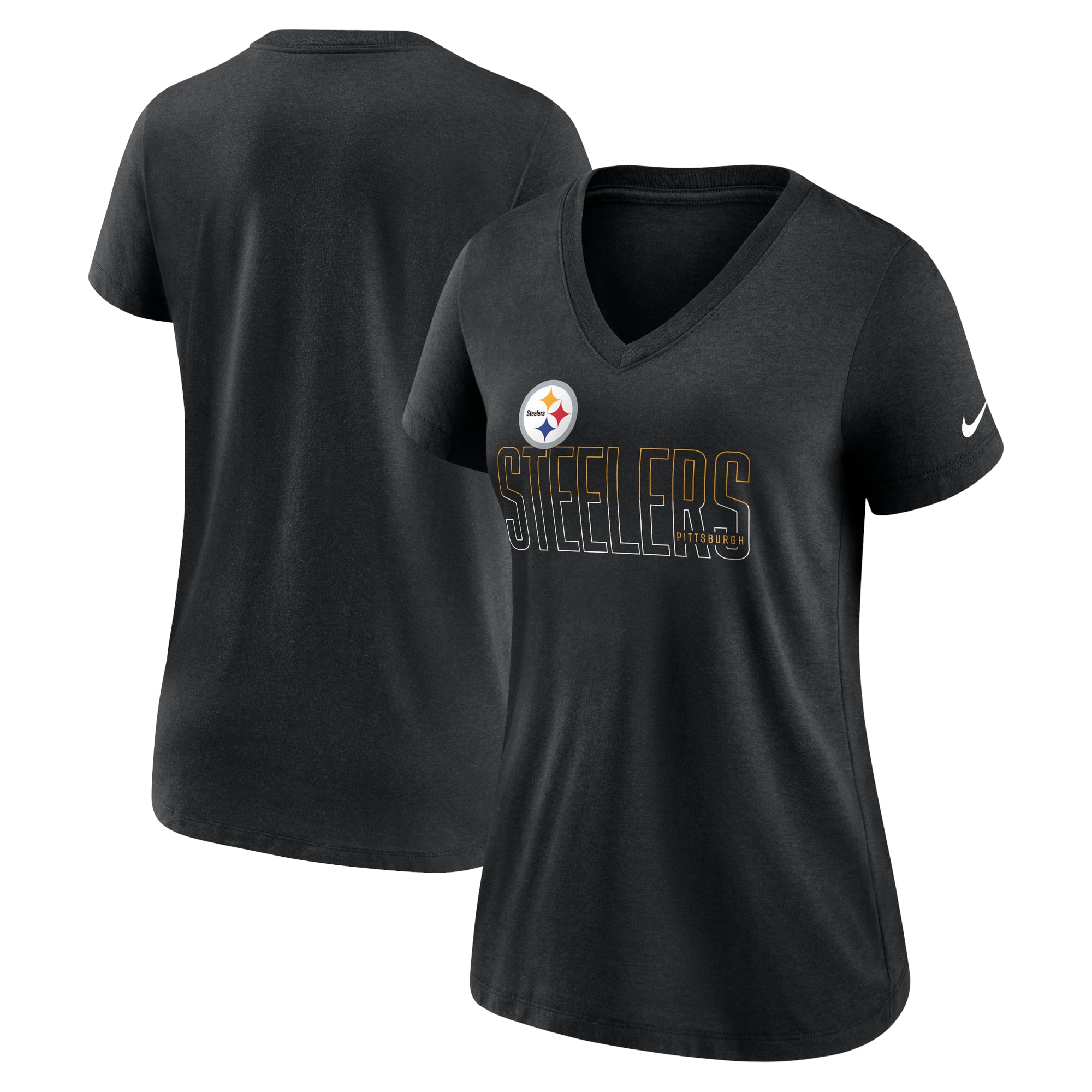 T-shirt Nike pour femme, noir chiné, Pittsburgh Steelers Lock Up, col en V, mélange de trois matières.