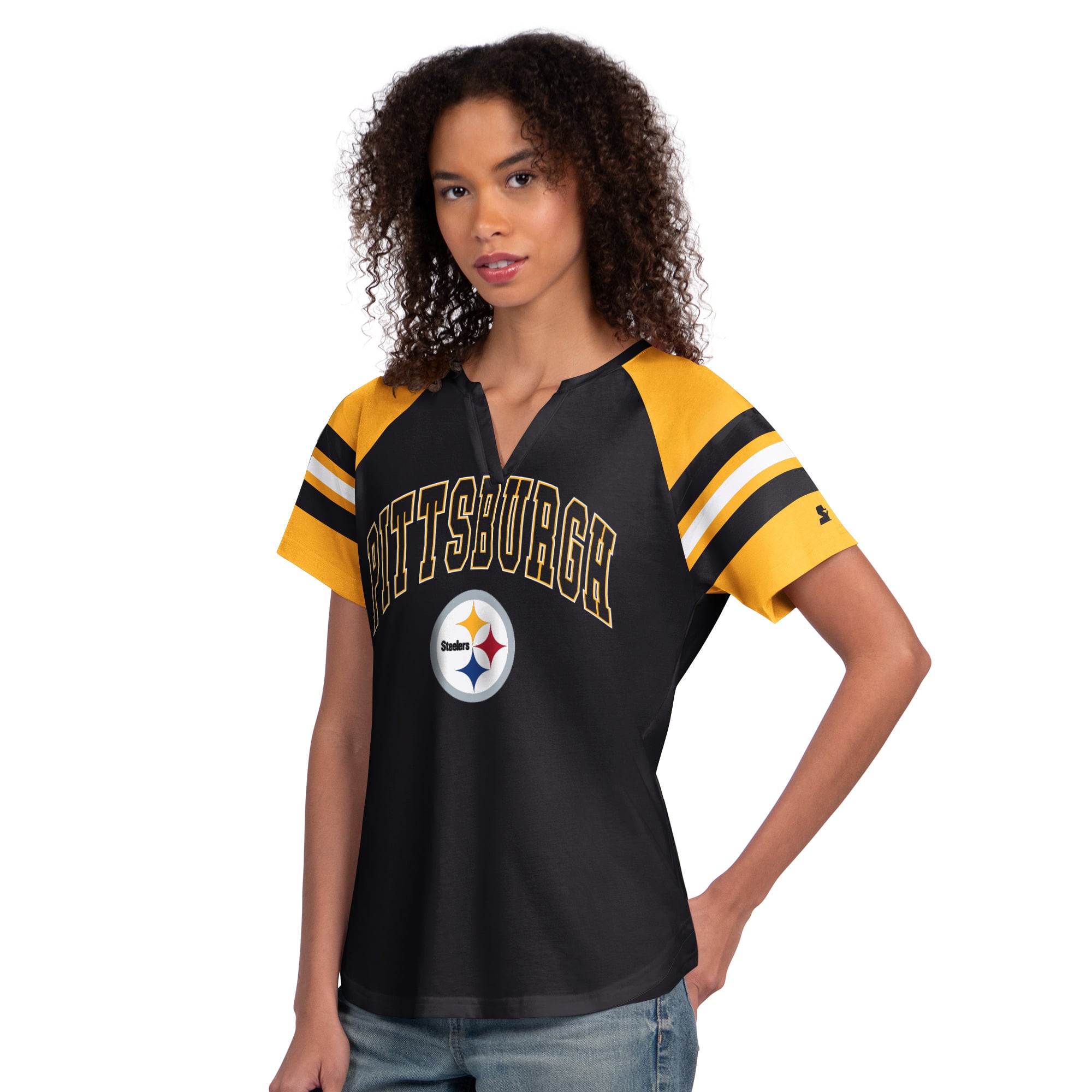 T-shirt raglan noir Starter Pittsburgh Steelers Game On pour femme, col cranté