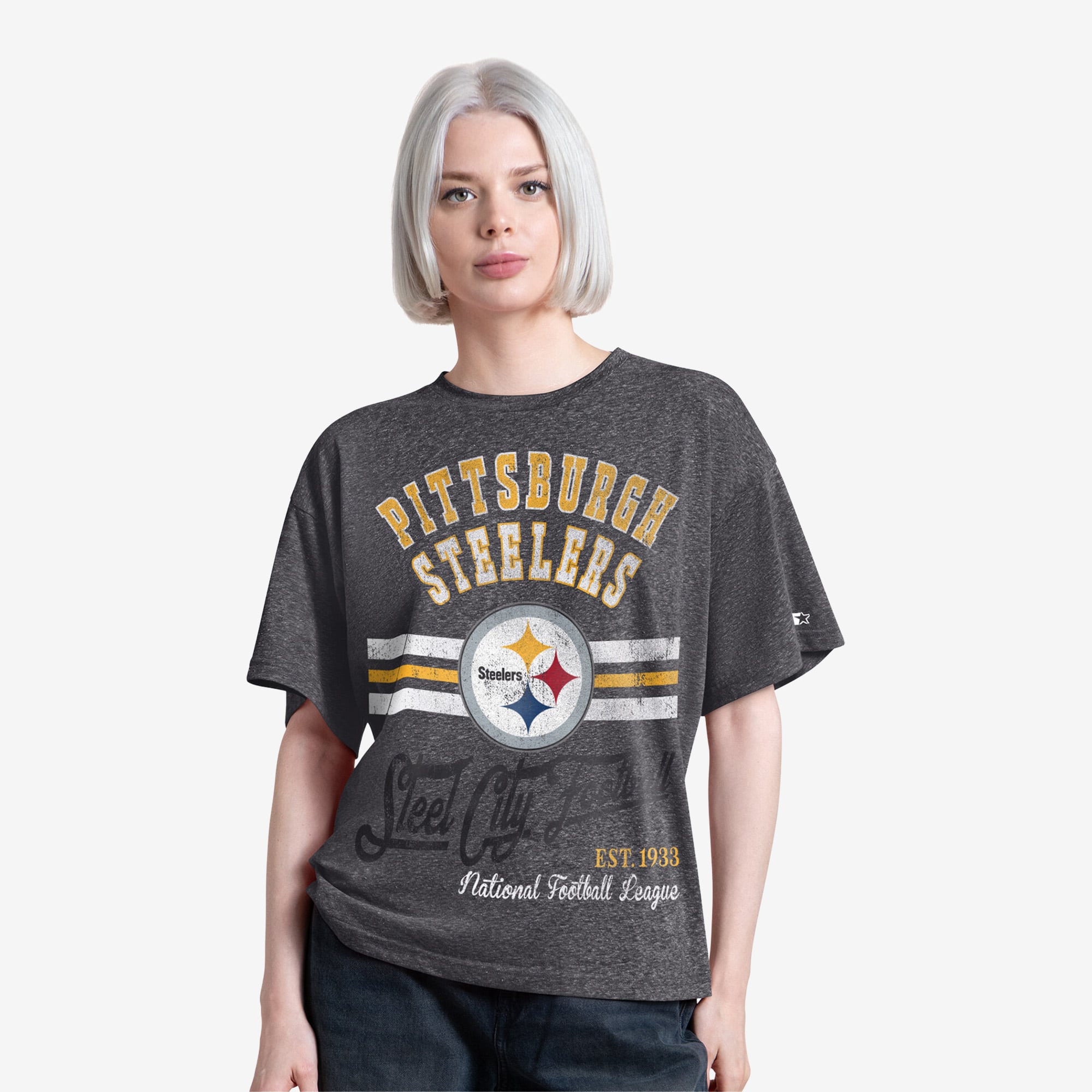 T-shirt Starter noir Pittsburgh Steelers Jump Shot pour femmes