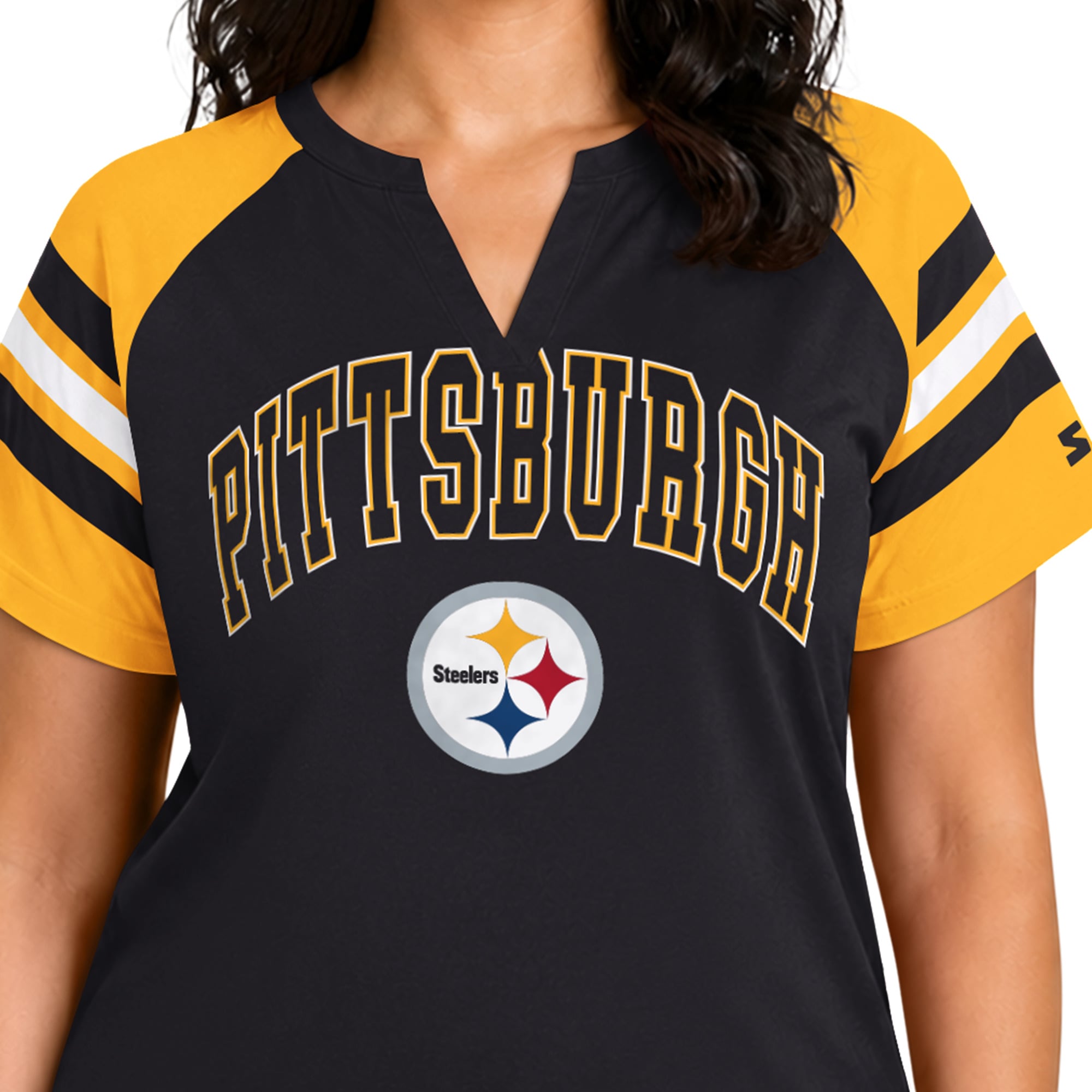 T-shirt raglan Starter noir Pittsburgh Steelers grande taille pour femme, col cranté.