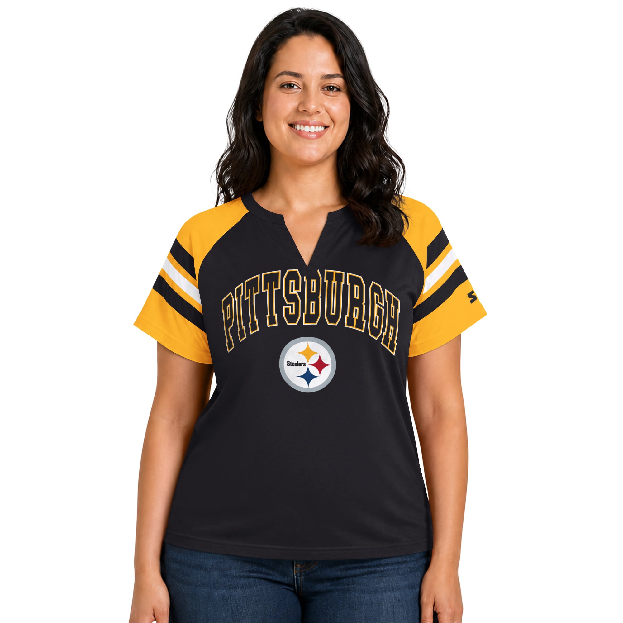 T-shirt raglan Starter noir Pittsburgh Steelers grande taille pour femme, col cranté.
