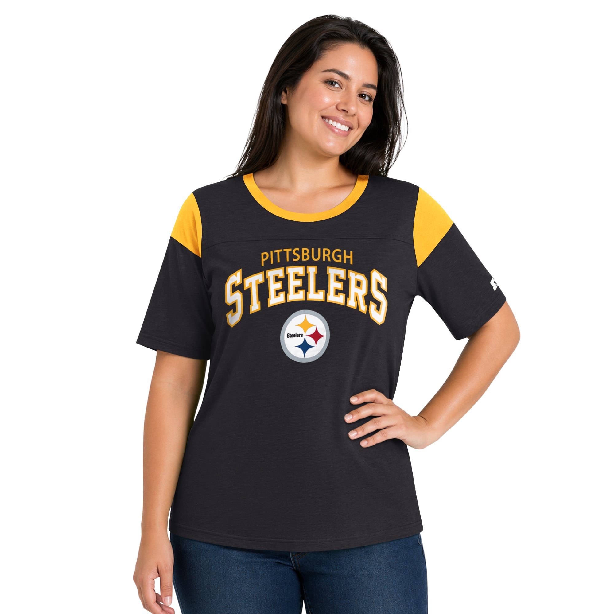 T-shirt Starter noir Pittsburgh Steelers grande taille pour femme, style linebacker, imprimé flammé.