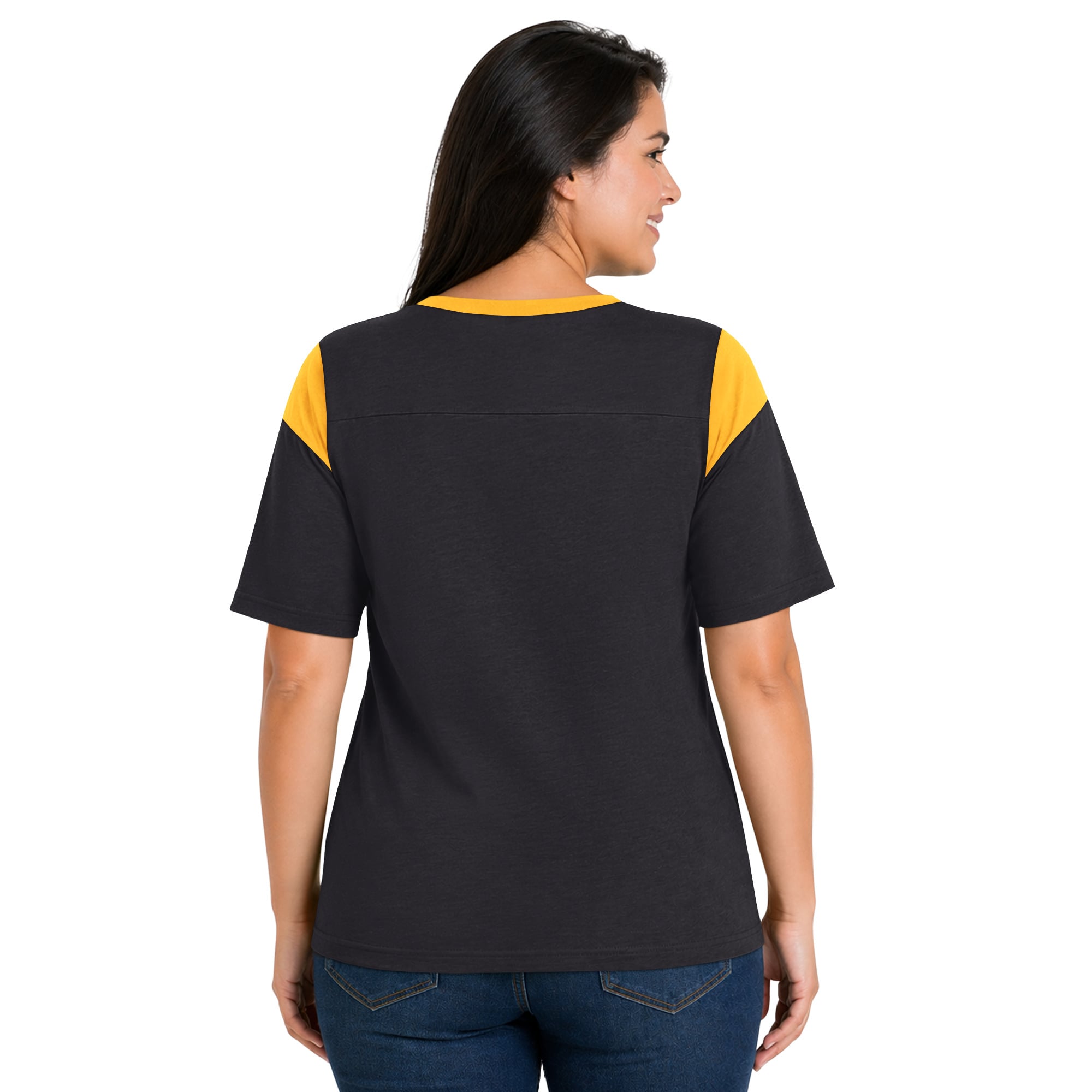 T-shirt Starter noir Pittsburgh Steelers grande taille pour femme, style linebacker, imprimé flammé.
