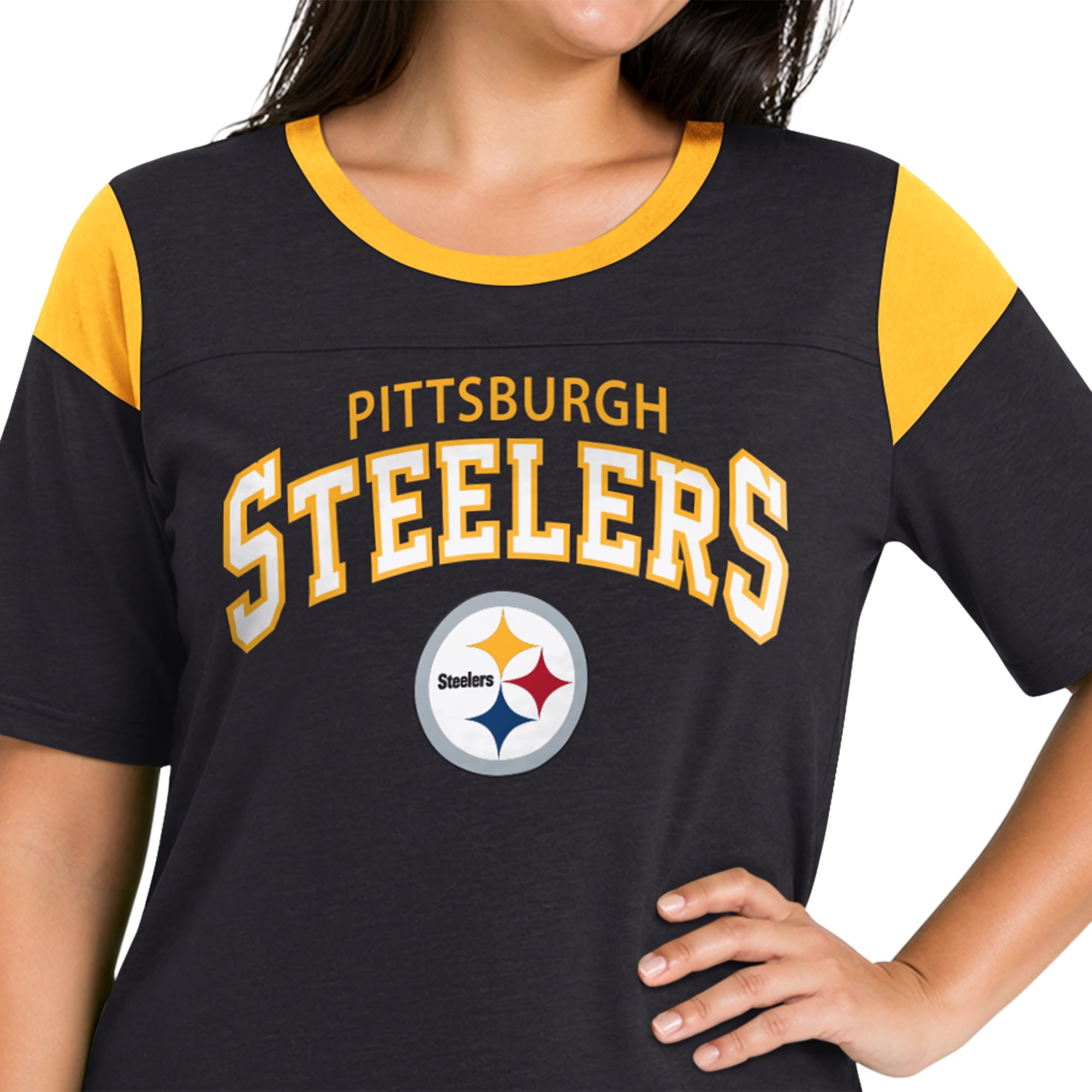 T-shirt Starter noir Pittsburgh Steelers grande taille pour femme, style linebacker, imprimé flammé.