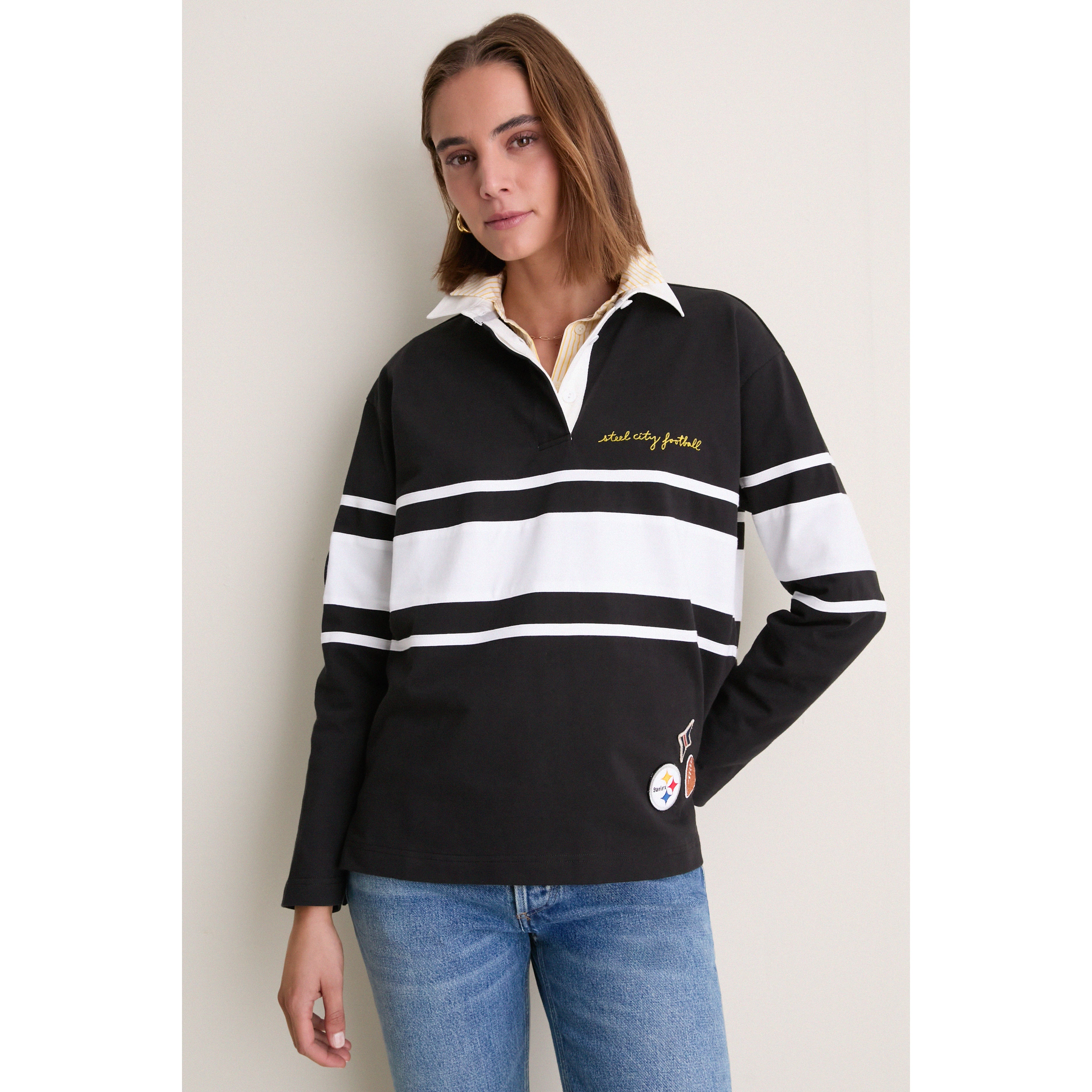 Polo de rugby à manches longues Pittsburgh Steelers noir Tuckernuck pour femme