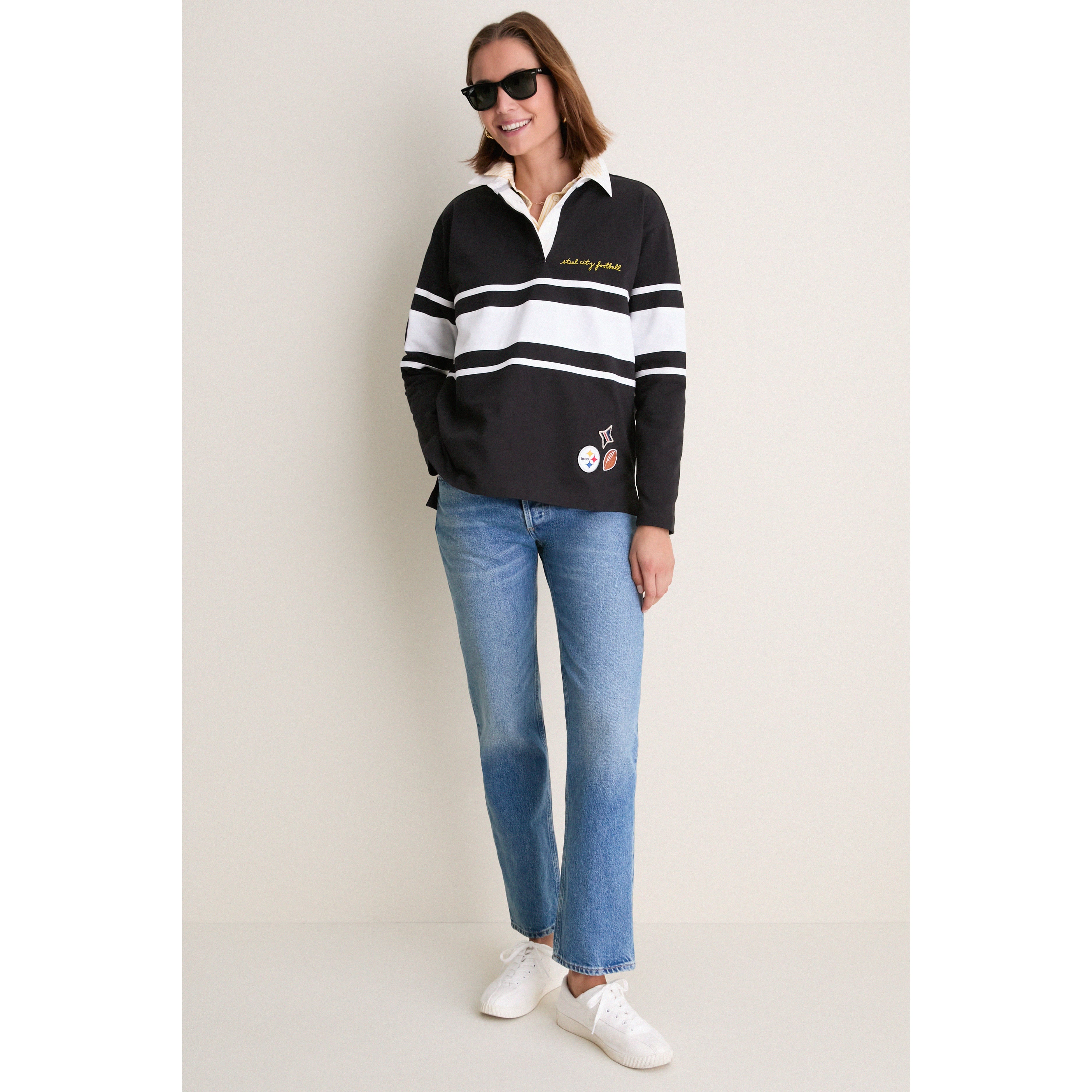 Polo de rugby à manches longues Pittsburgh Steelers noir Tuckernuck pour femme