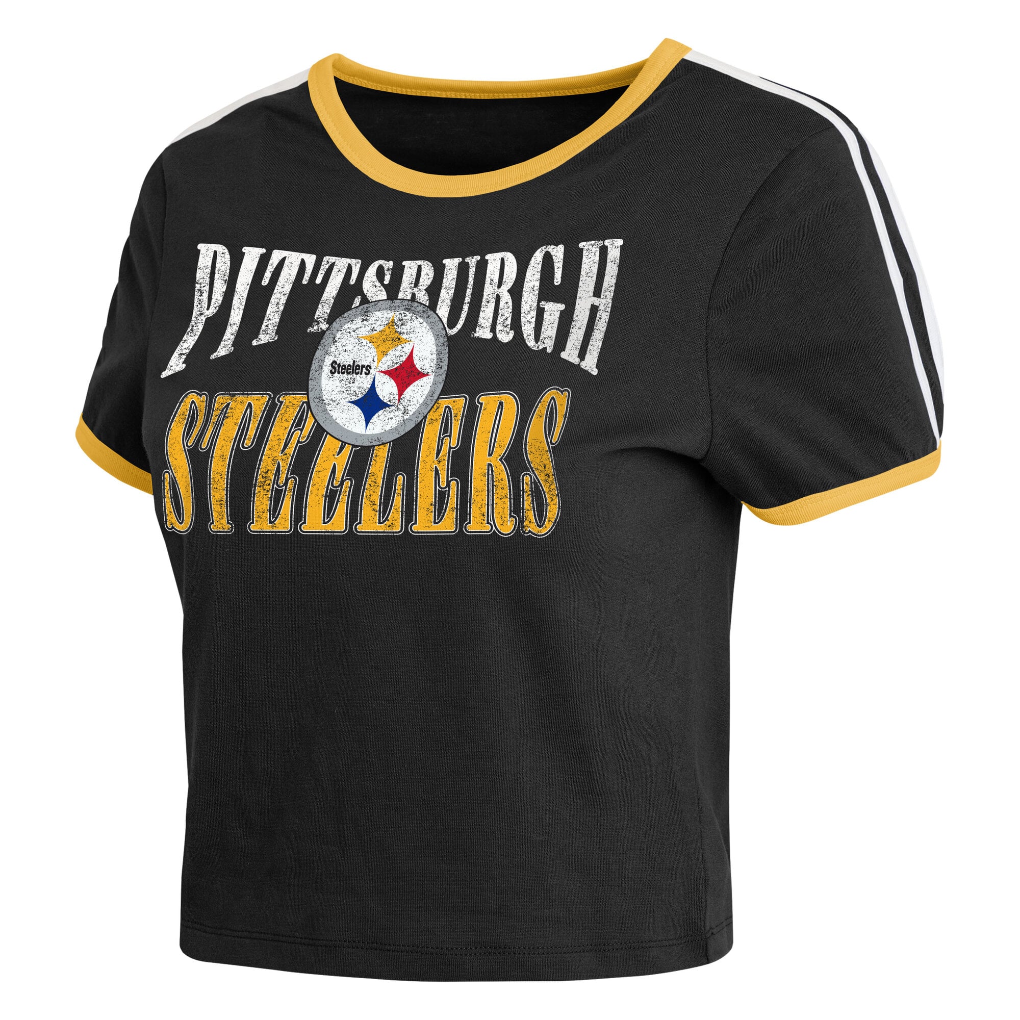 Women's WEAR by Erin Andrews Black Pittsburgh Steelers Cropped Throwback Ringer Baby T-Shirt