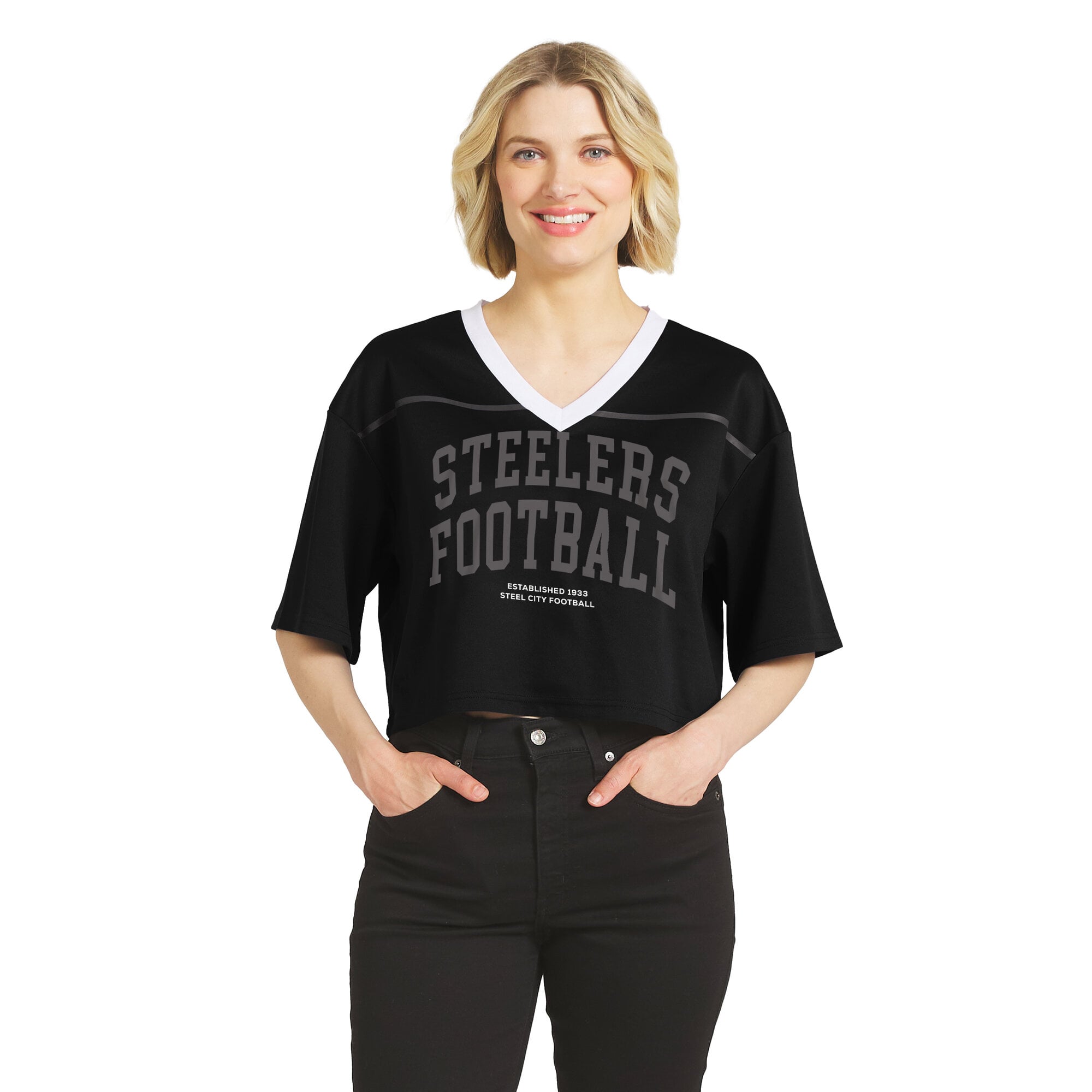 Women's WEAR by Erin Andrews Black Pittsburgh Steelers Cropped V-Neck Jersey T-Shirt