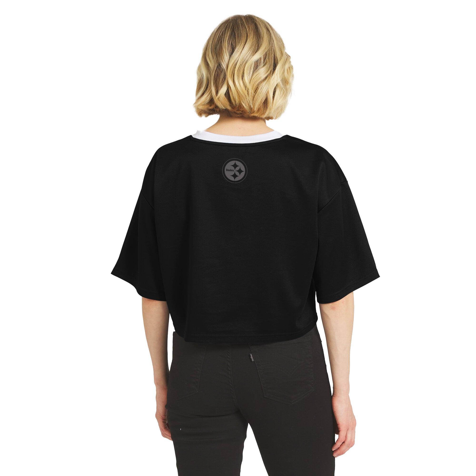 Women's WEAR by Erin Andrews Black Pittsburgh Steelers Cropped V-Neck Jersey T-Shirt