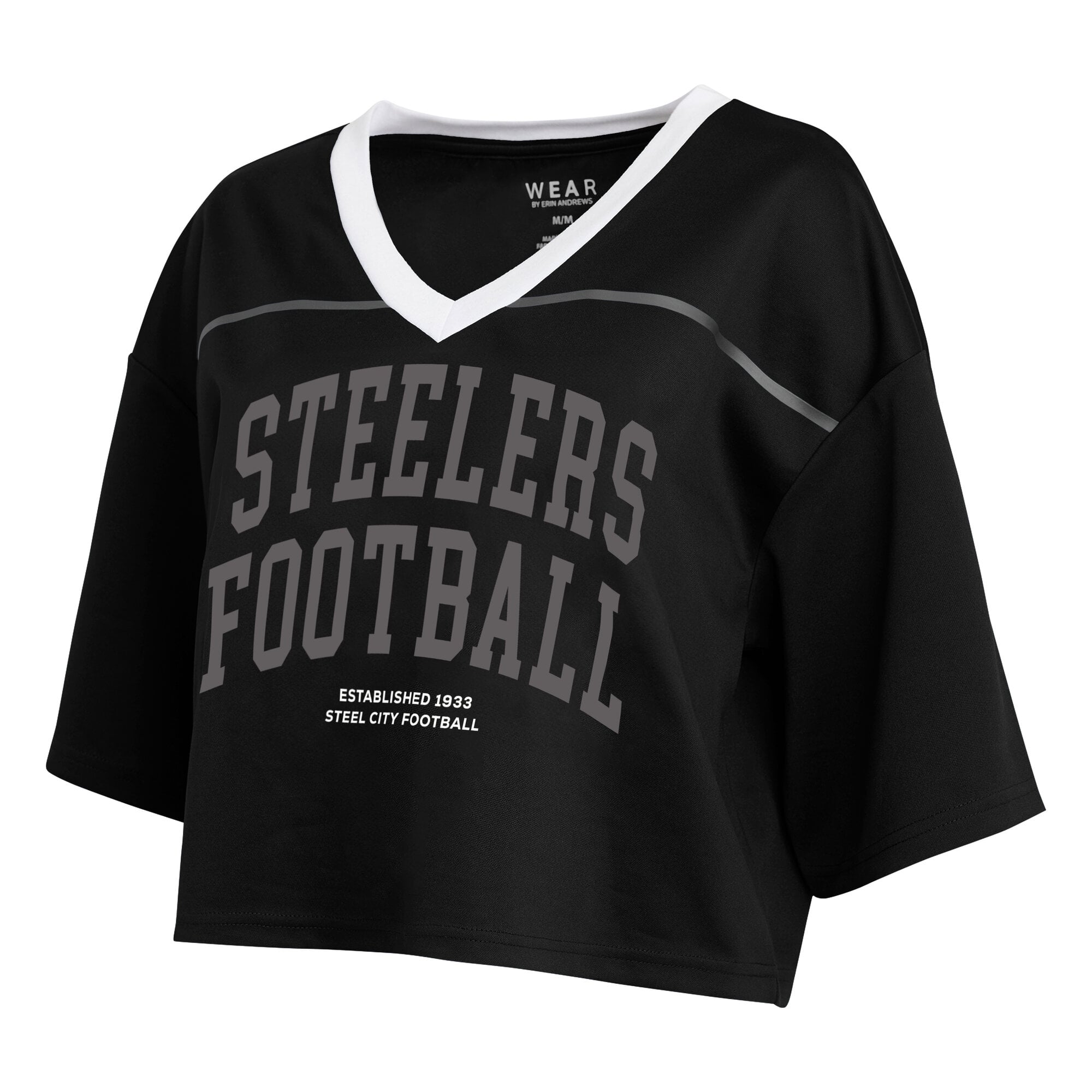 Women's WEAR by Erin Andrews Black Pittsburgh Steelers Cropped V-Neck Jersey T-Shirt