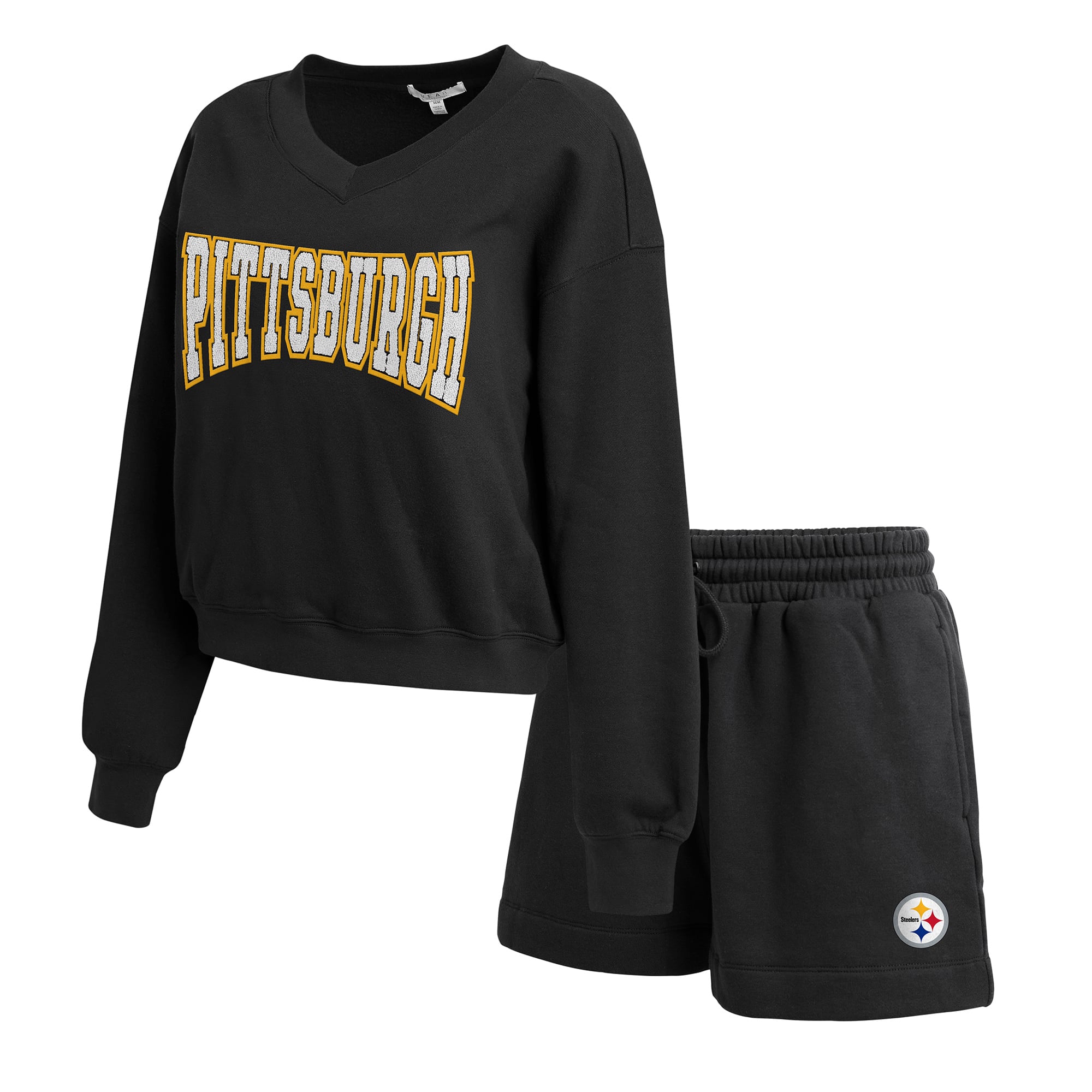 Women's WEAR by Erin Andrews Black Pittsburgh Steelers Fleece V-Neck Lounge Set