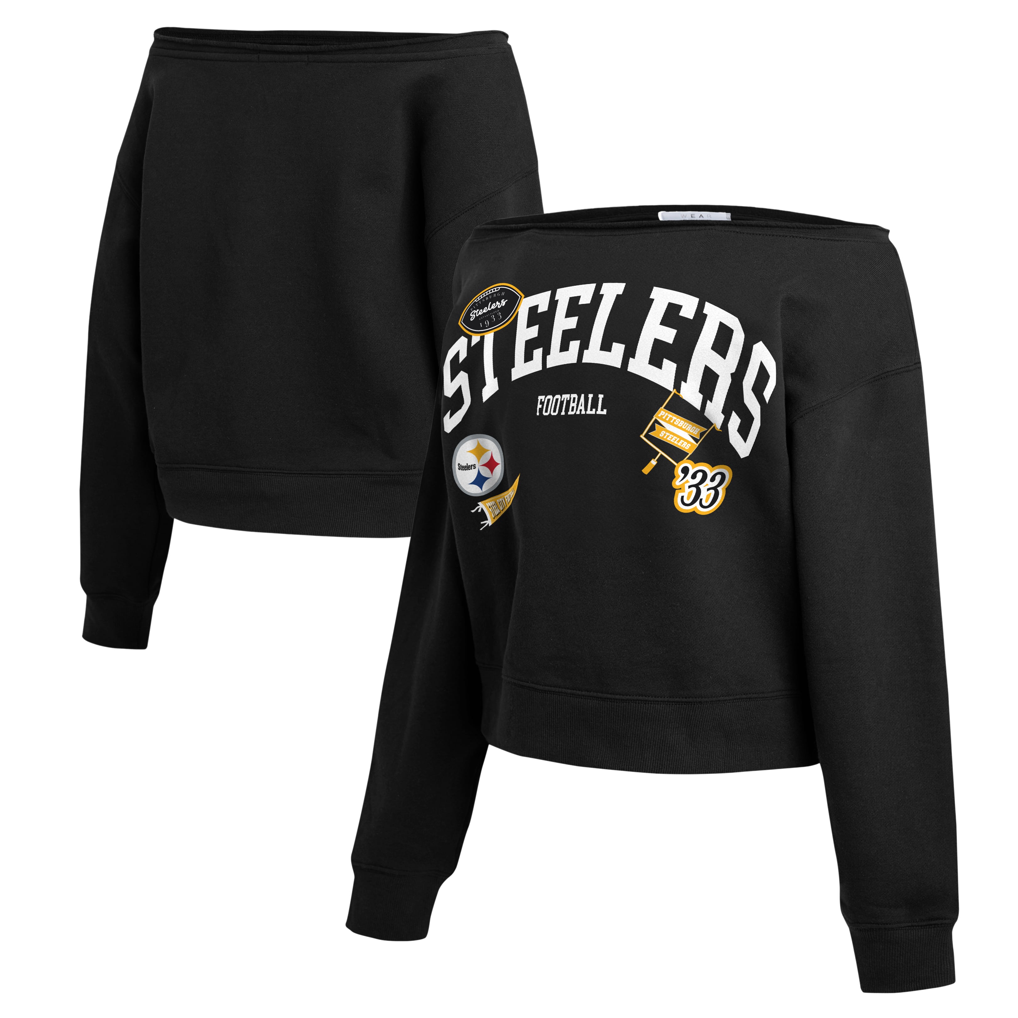 Women's WEAR by Erin Andrews Black Pittsburgh Steelers Off-the-Shoulder Sweatshirt