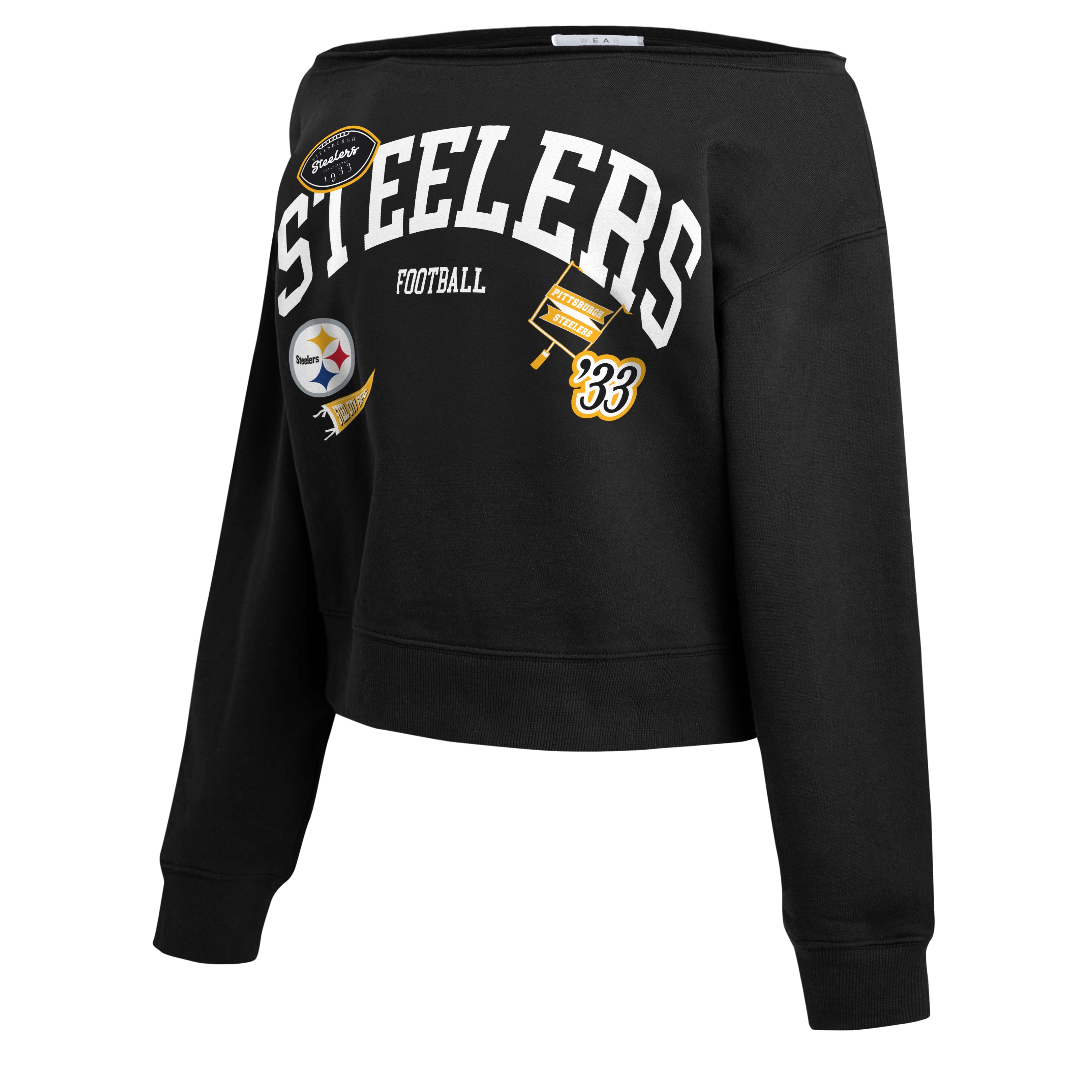 Women's WEAR by Erin Andrews Black Pittsburgh Steelers Off-the-Shoulder Sweatshirt