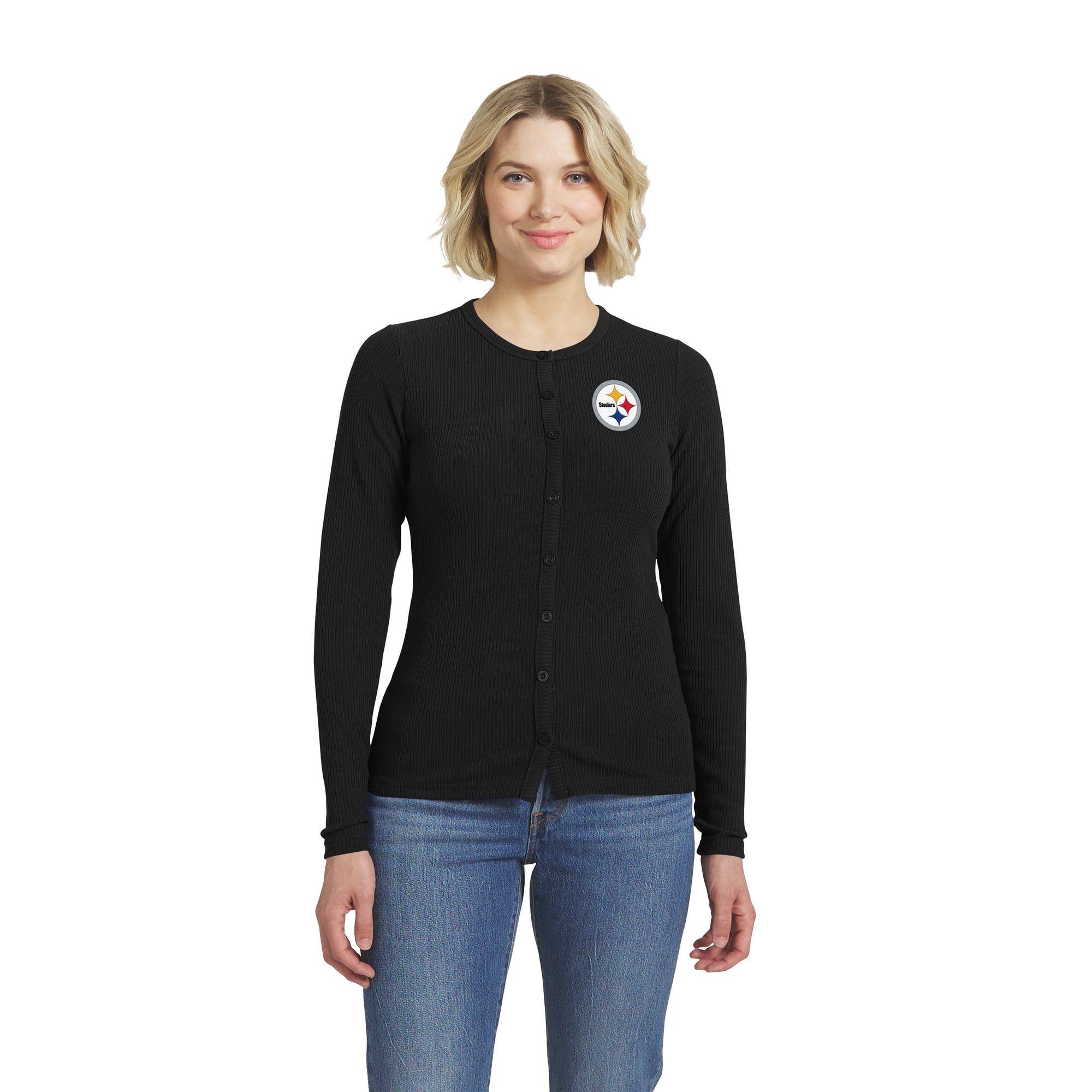 Women's WEAR by Erin Andrews Black Pittsburgh Steelers Ribbed Full-Button Cardigan Sweater