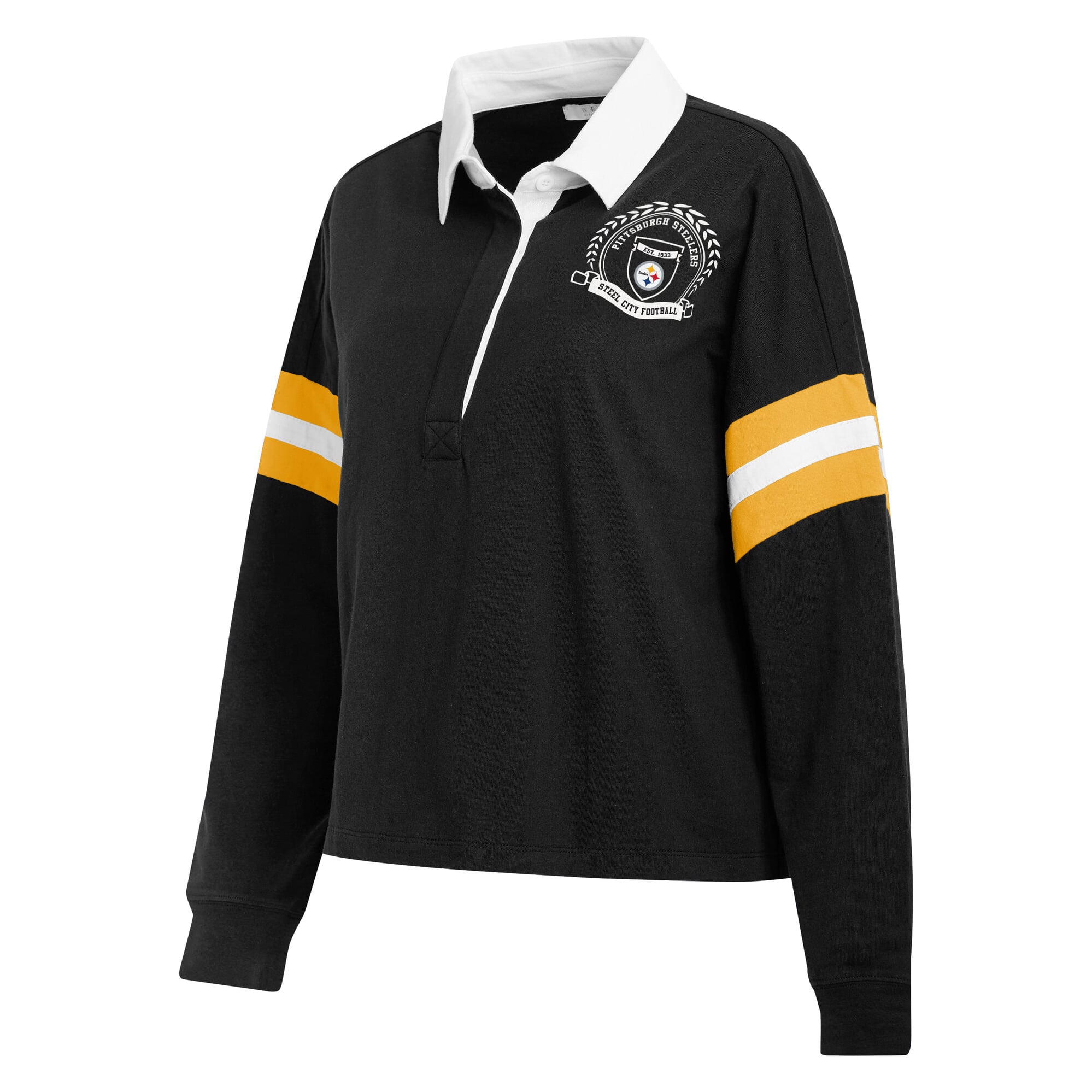 T-shirt à manches longues noir Pittsburgh Steelers Rugby pour femmes de la marque WEAR by Erin Andrews